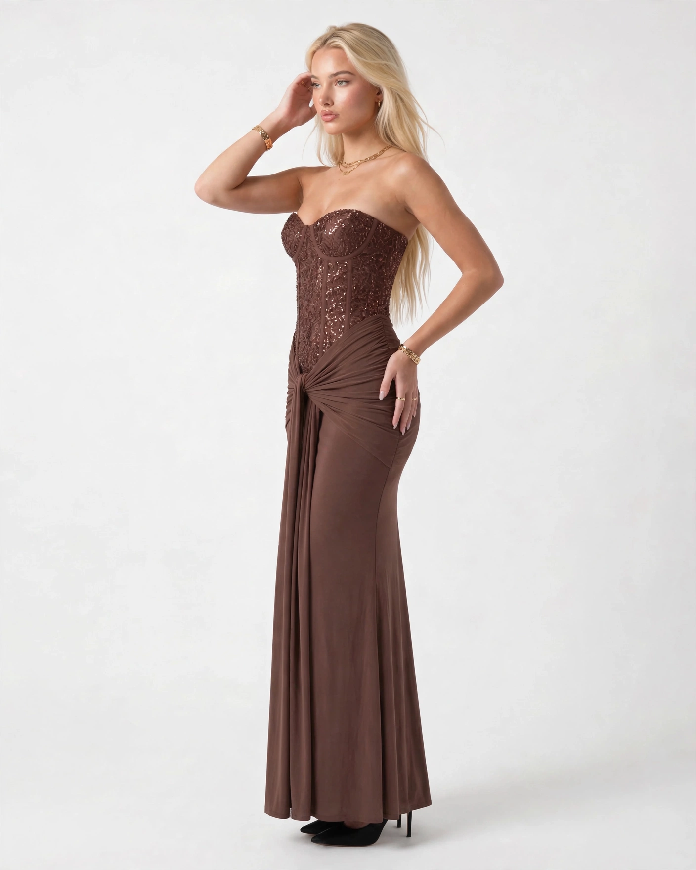Camille plum brown sequin corset maxi dress, side view