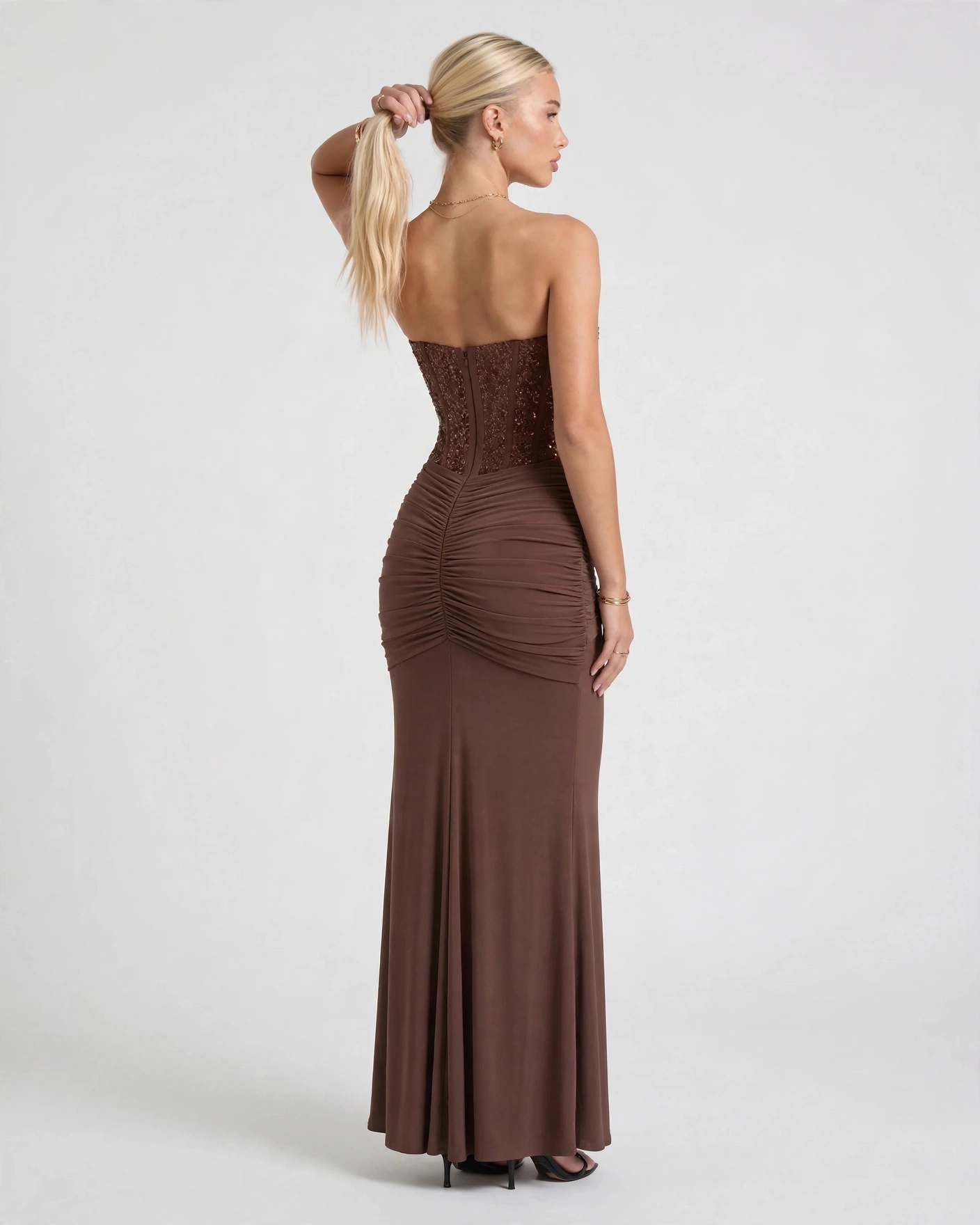 Camille plum brown sequin corset maxi dress, back view
