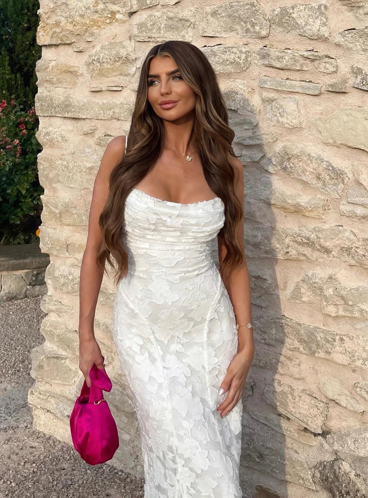 Cecily white draped-neck floral applique A-line maxi dress - front view, outdoor setting