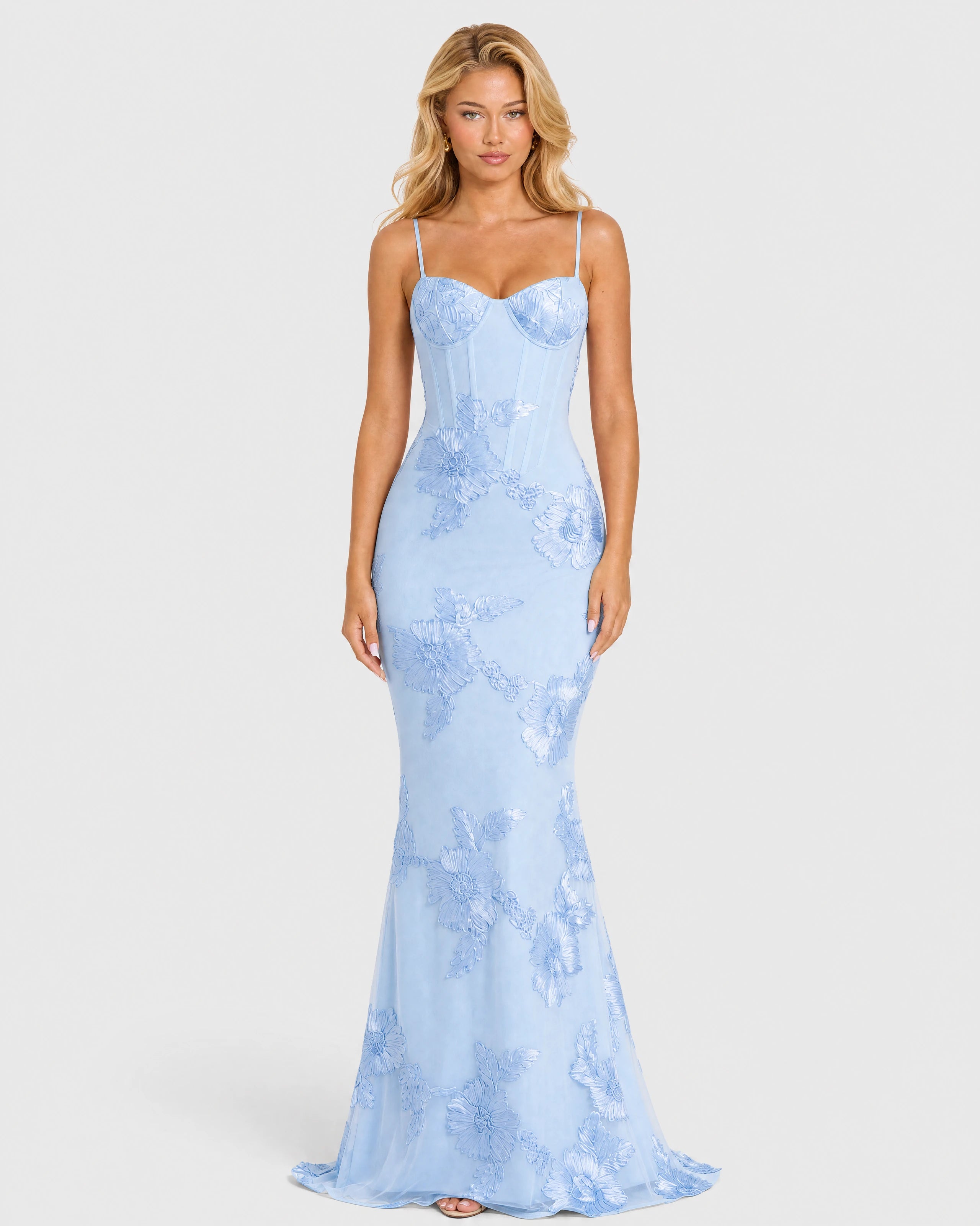Celeste sky blue embroidered mermaid gown - front