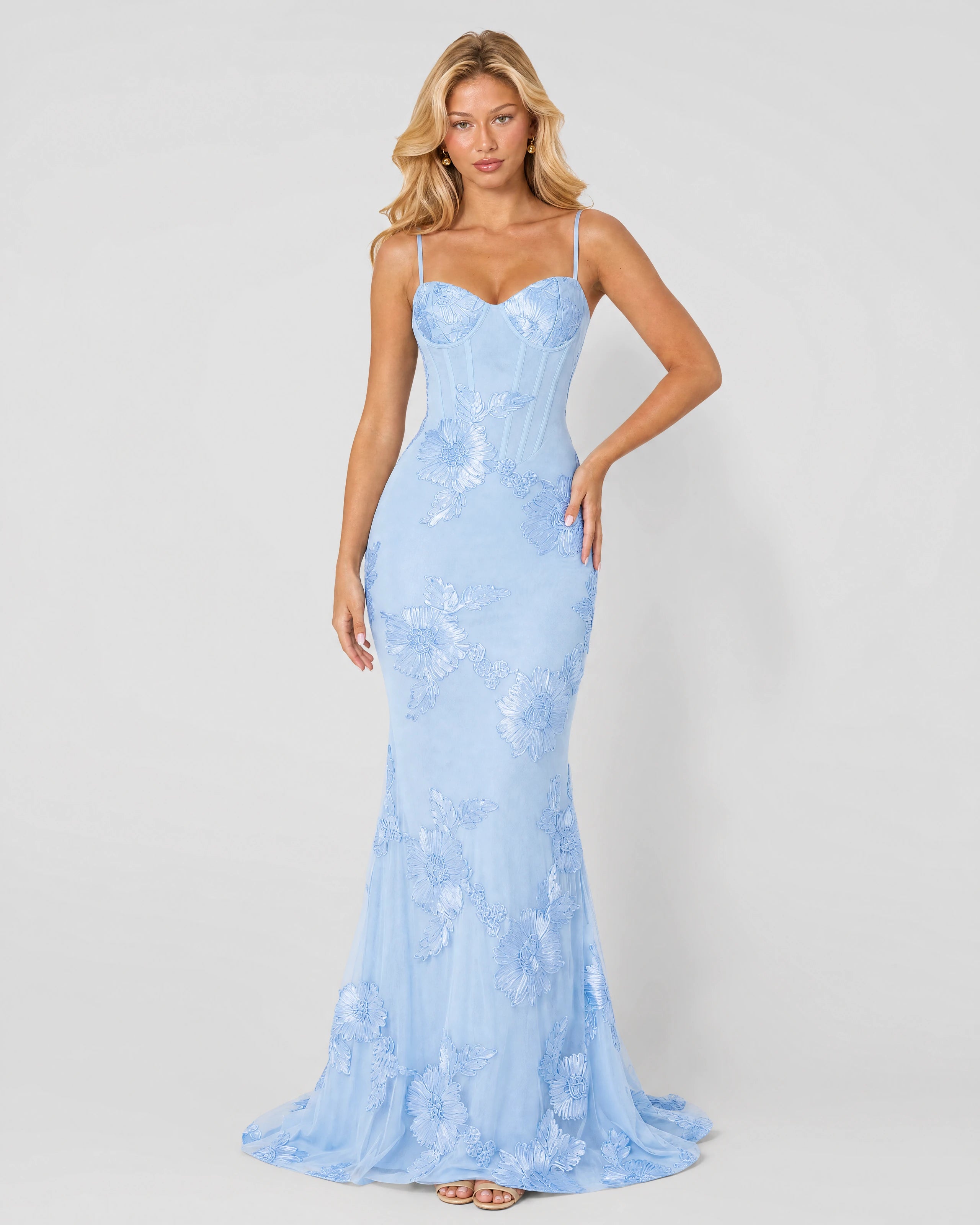 Celeste sky blue embroidered mermaid gown - front three-quarter