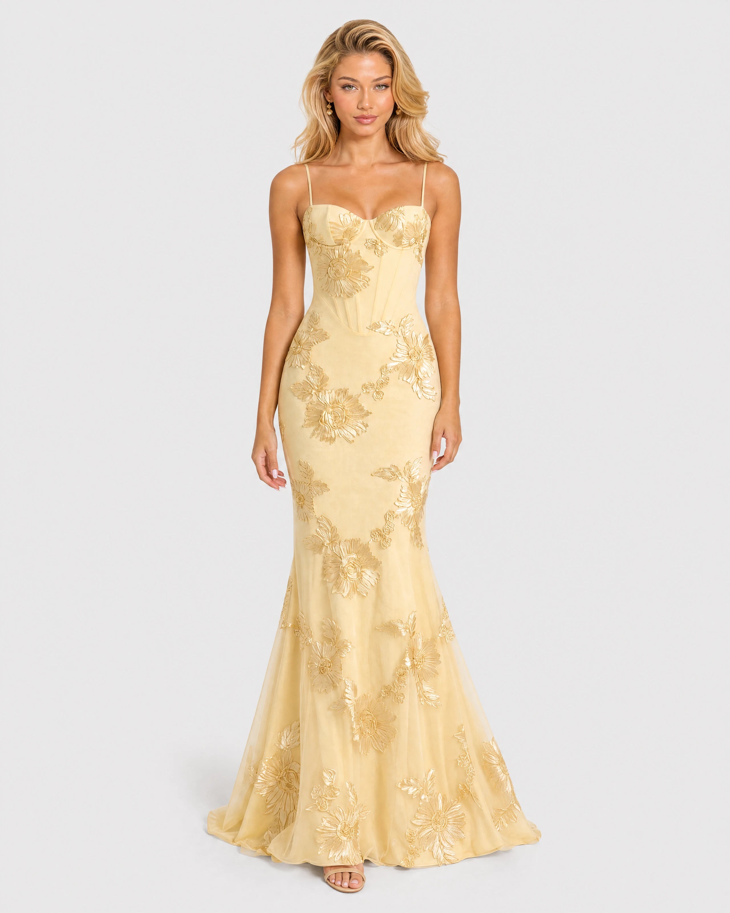Celeste butter yellow embroidered mermaid gown - front