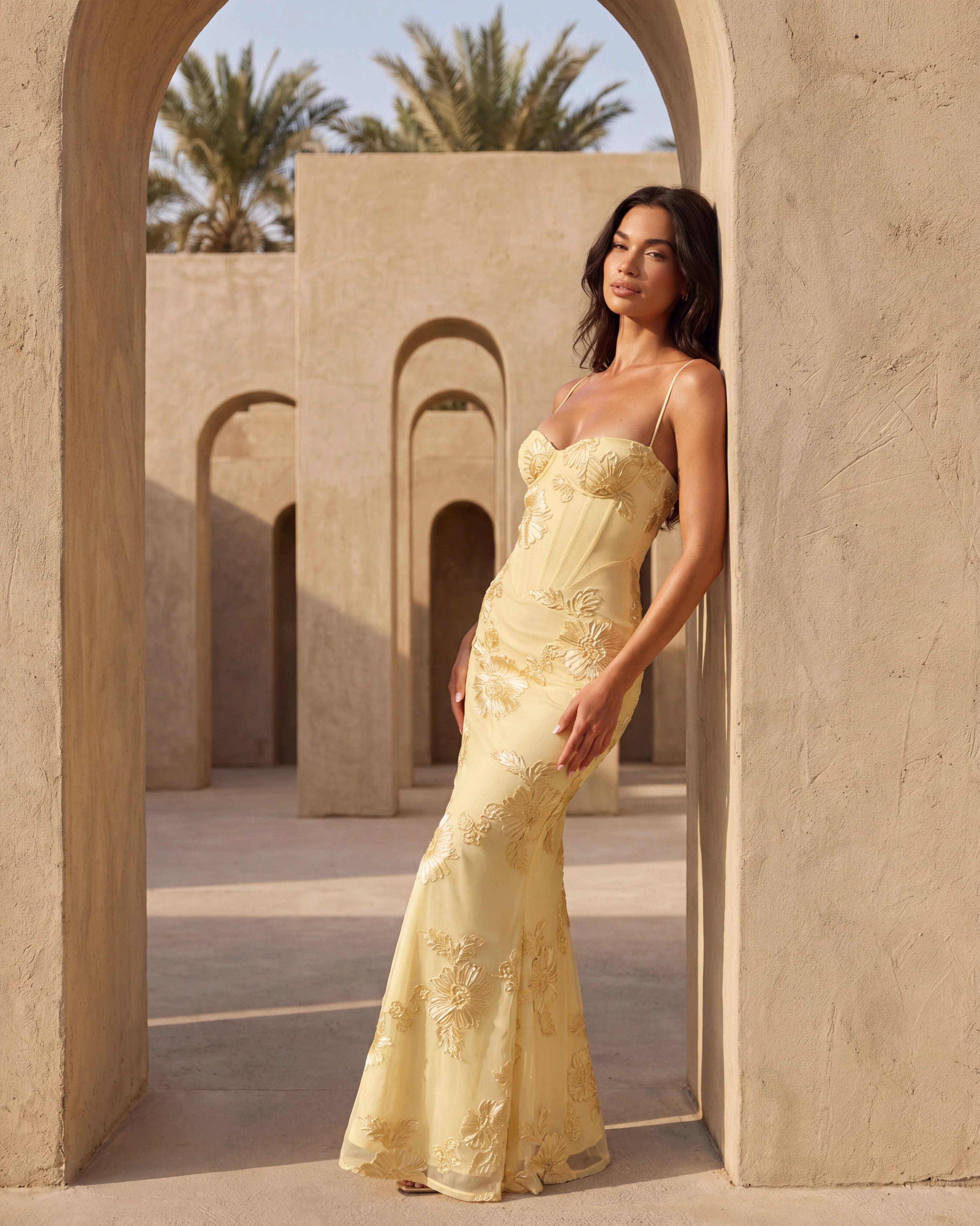 Celeste butter yellow embroidered mermaid gown - lifestyle detail