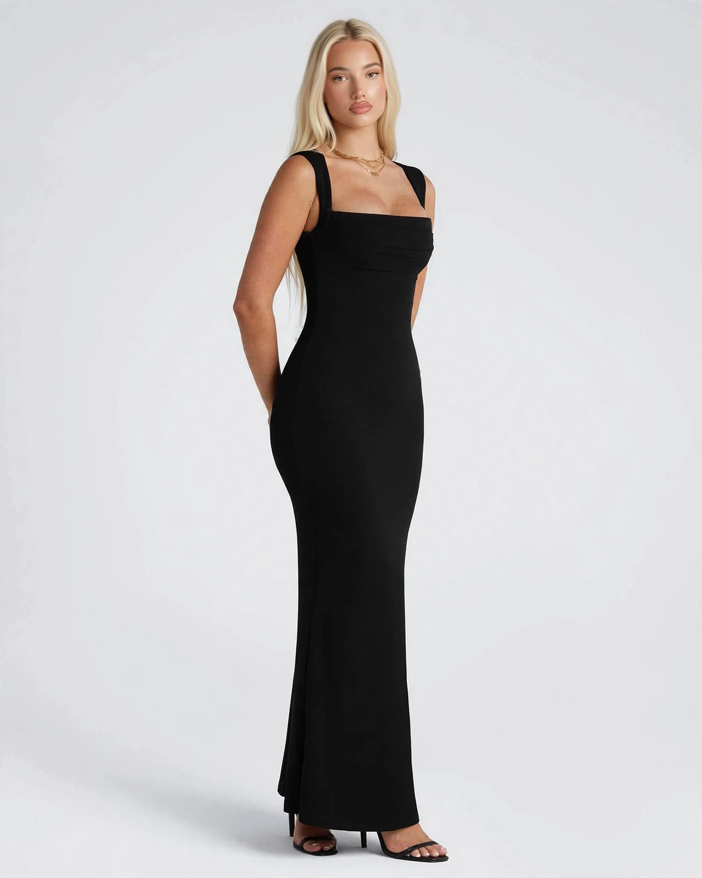 Celine black square neck maxi dress with pleated bust, front view