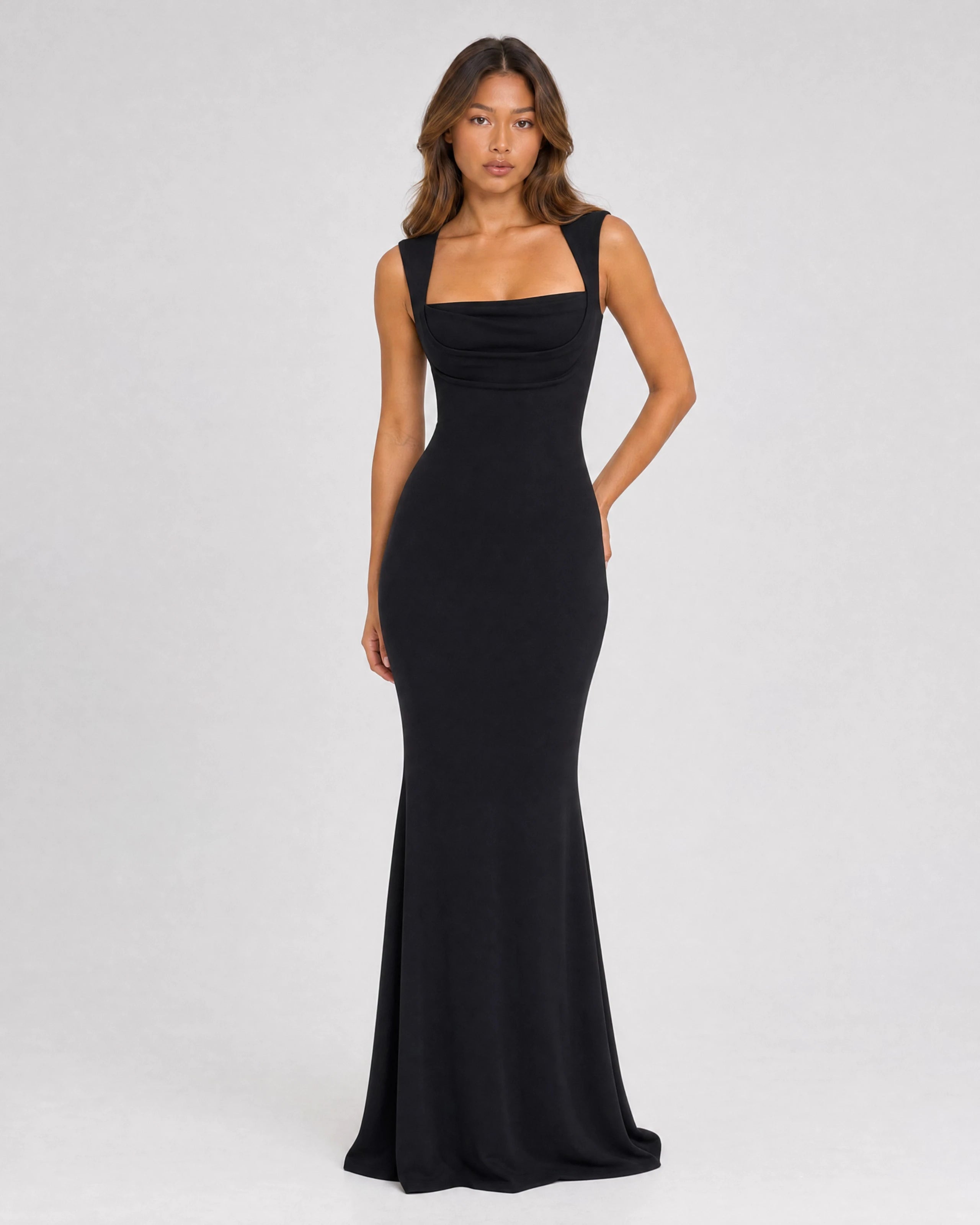 Celine square neck maxi dress in black, front studio