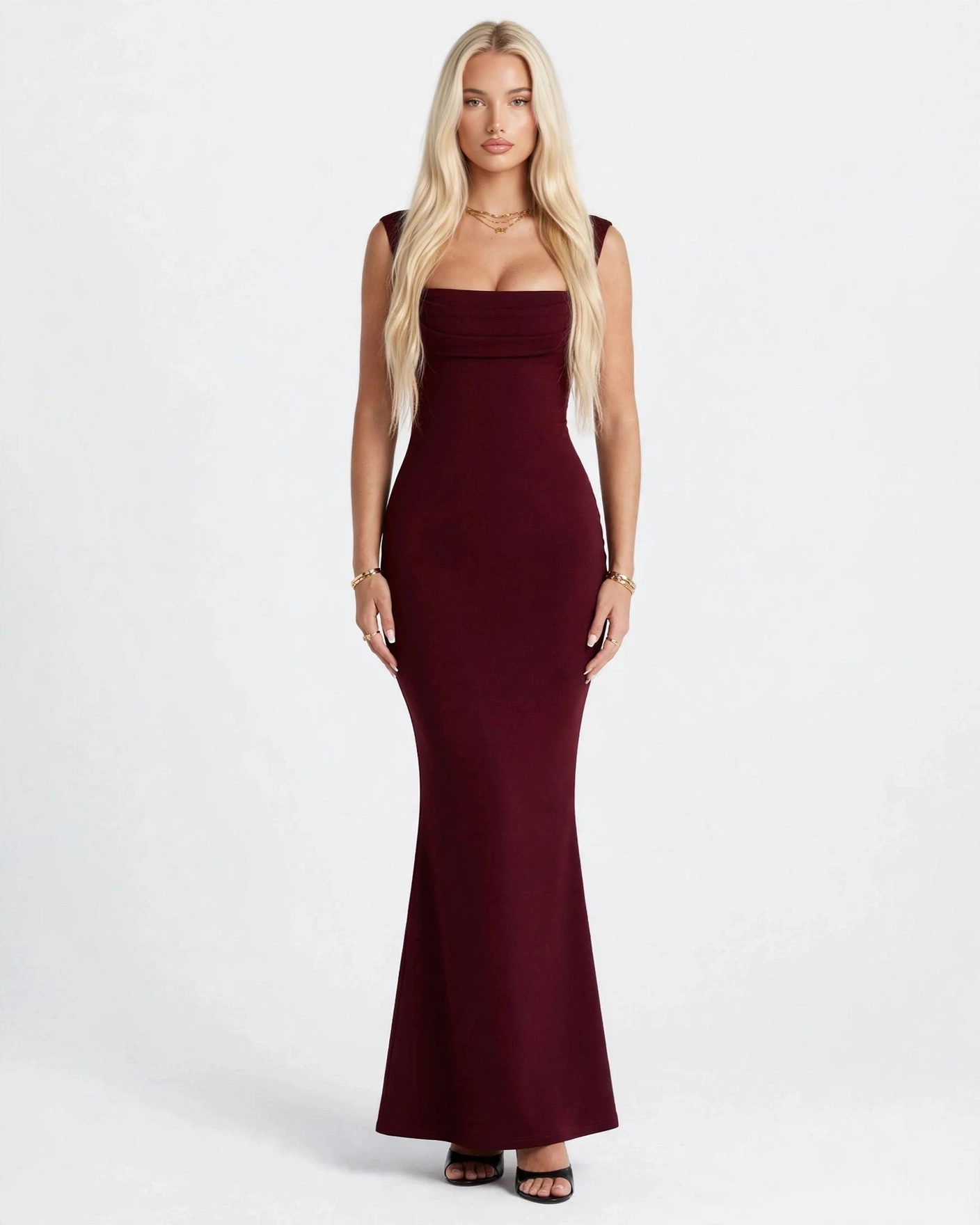 Celine wine red square neck maxi dress with pleated bust, front view