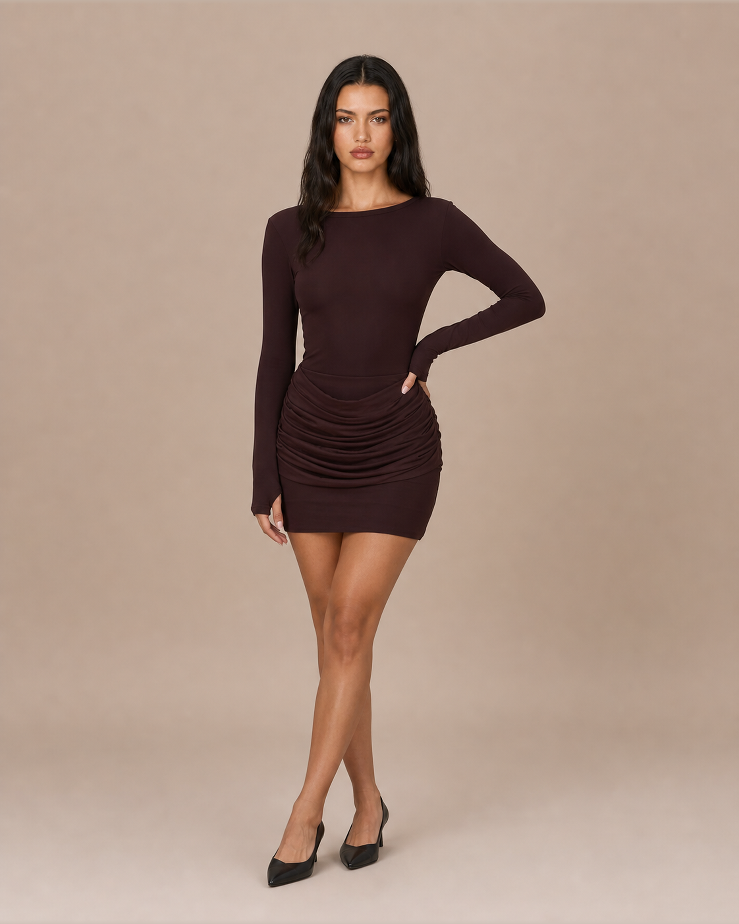 Colette dark brown boat neck long sleeve mini dress with ruched skirt, front view