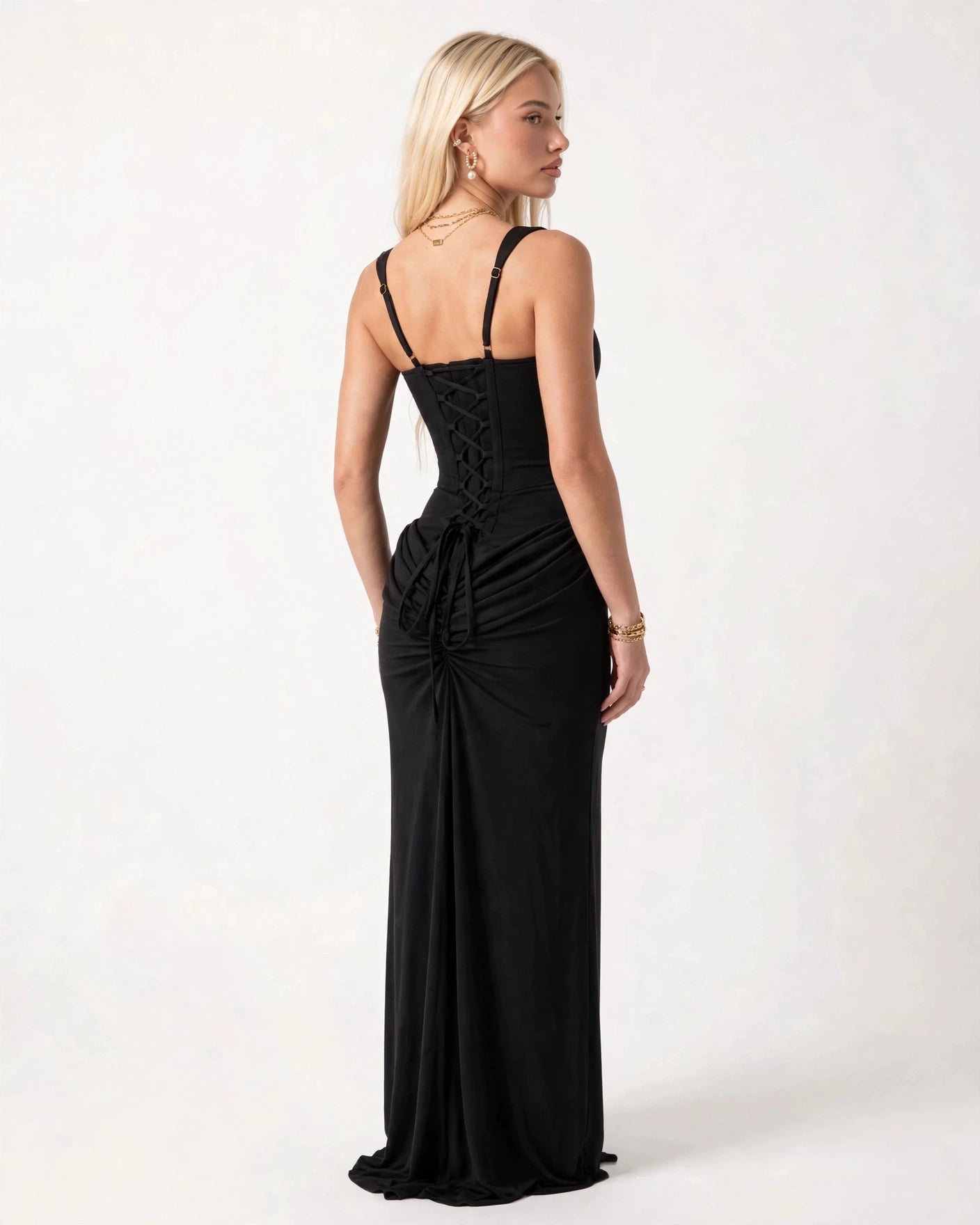 Coralie black corset draped maxi dress - back view with lace-up detail