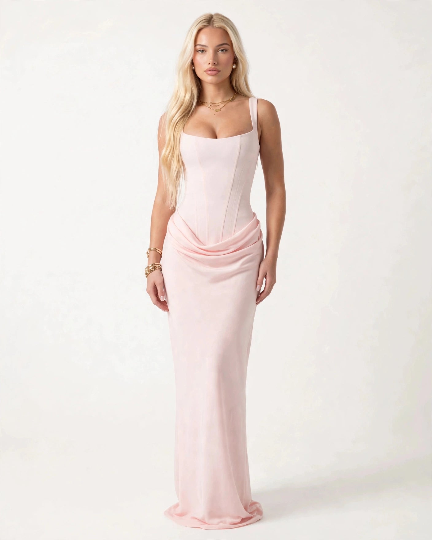 Coralie blush pink corset draped maxi dress with square neckline - front view