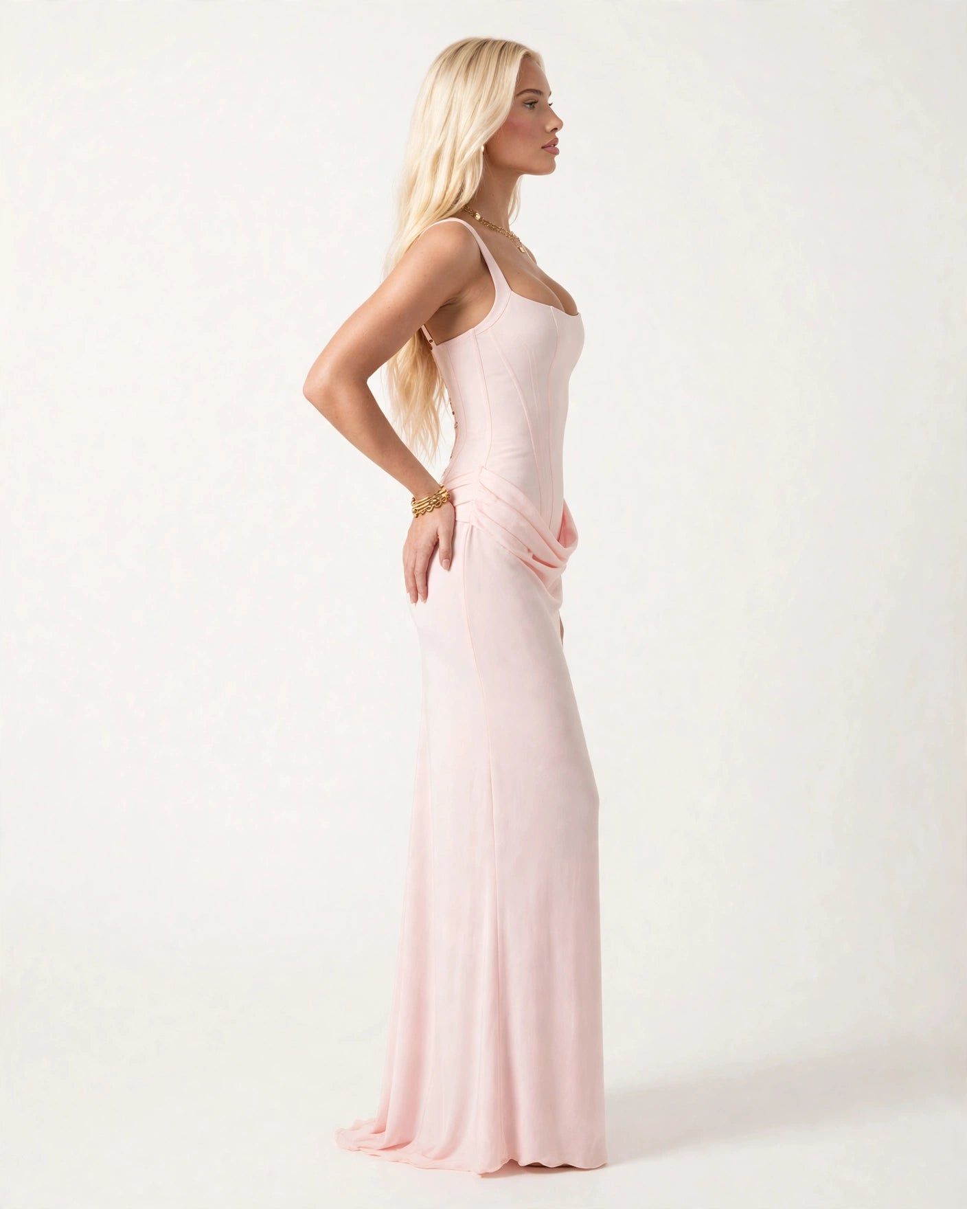 Coralie blush pink corset draped maxi dress - side view
