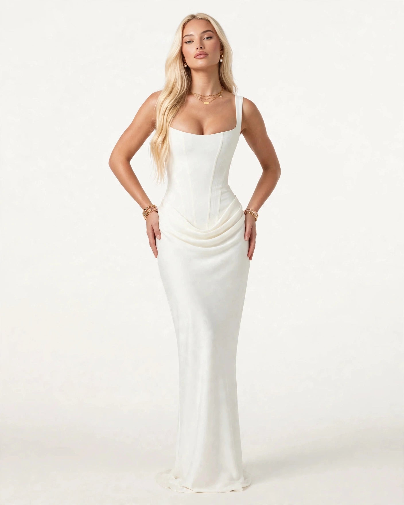 Coralie white corset draped maxi dress - full length front view