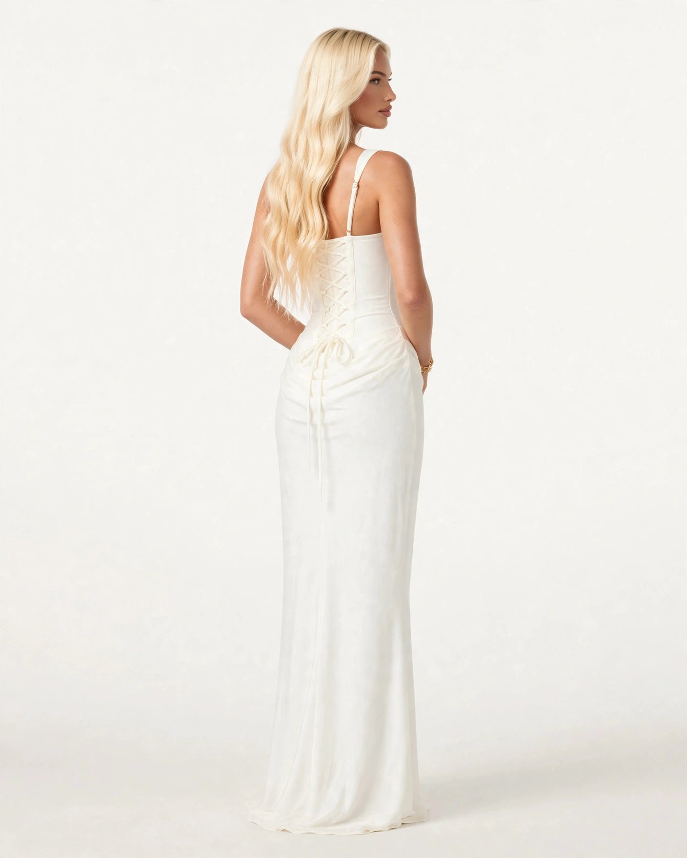 Coralie white corset draped maxi dress - back view with lace-up detail
