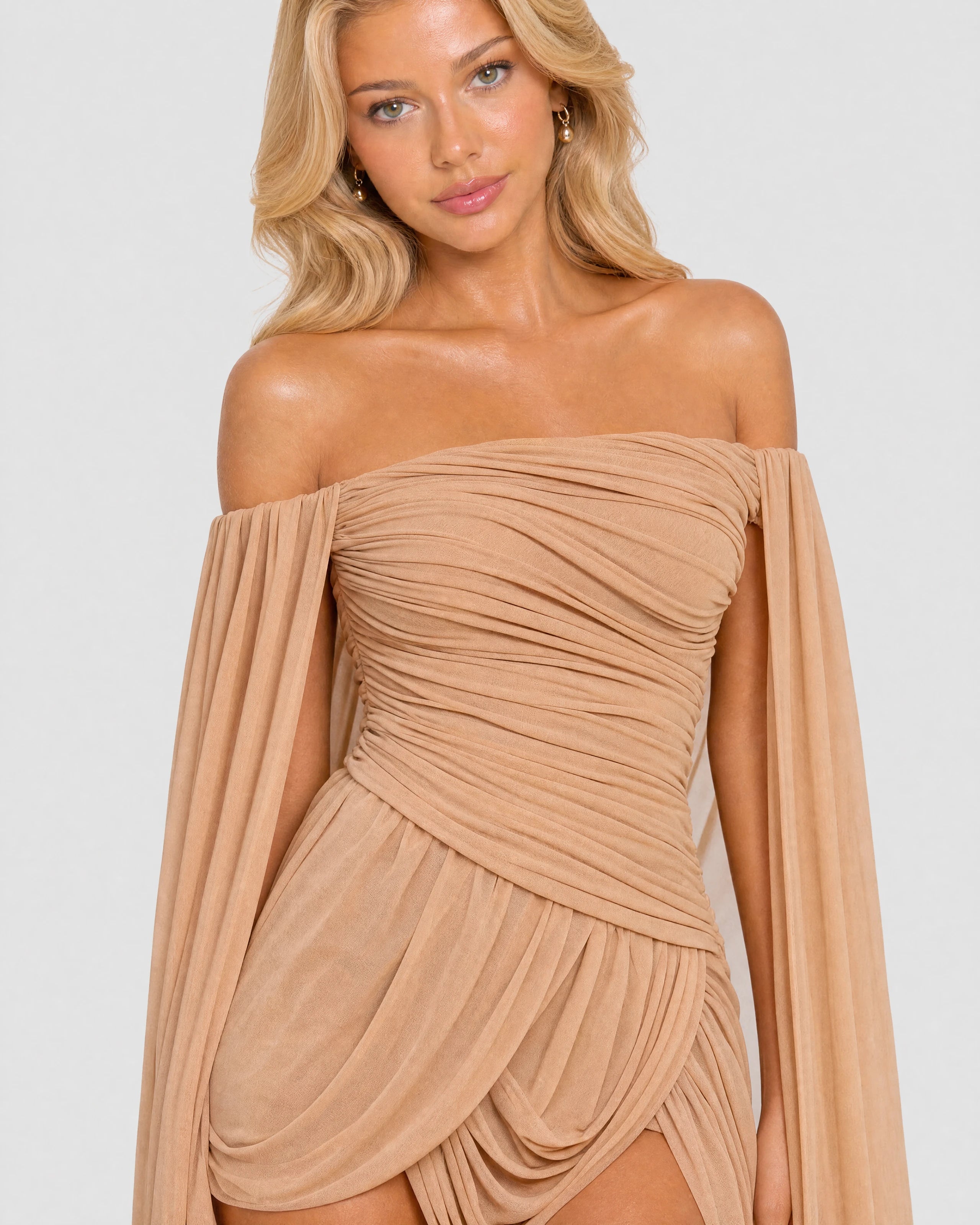 Eloise apricot mini dress - ruched bodice close-up
