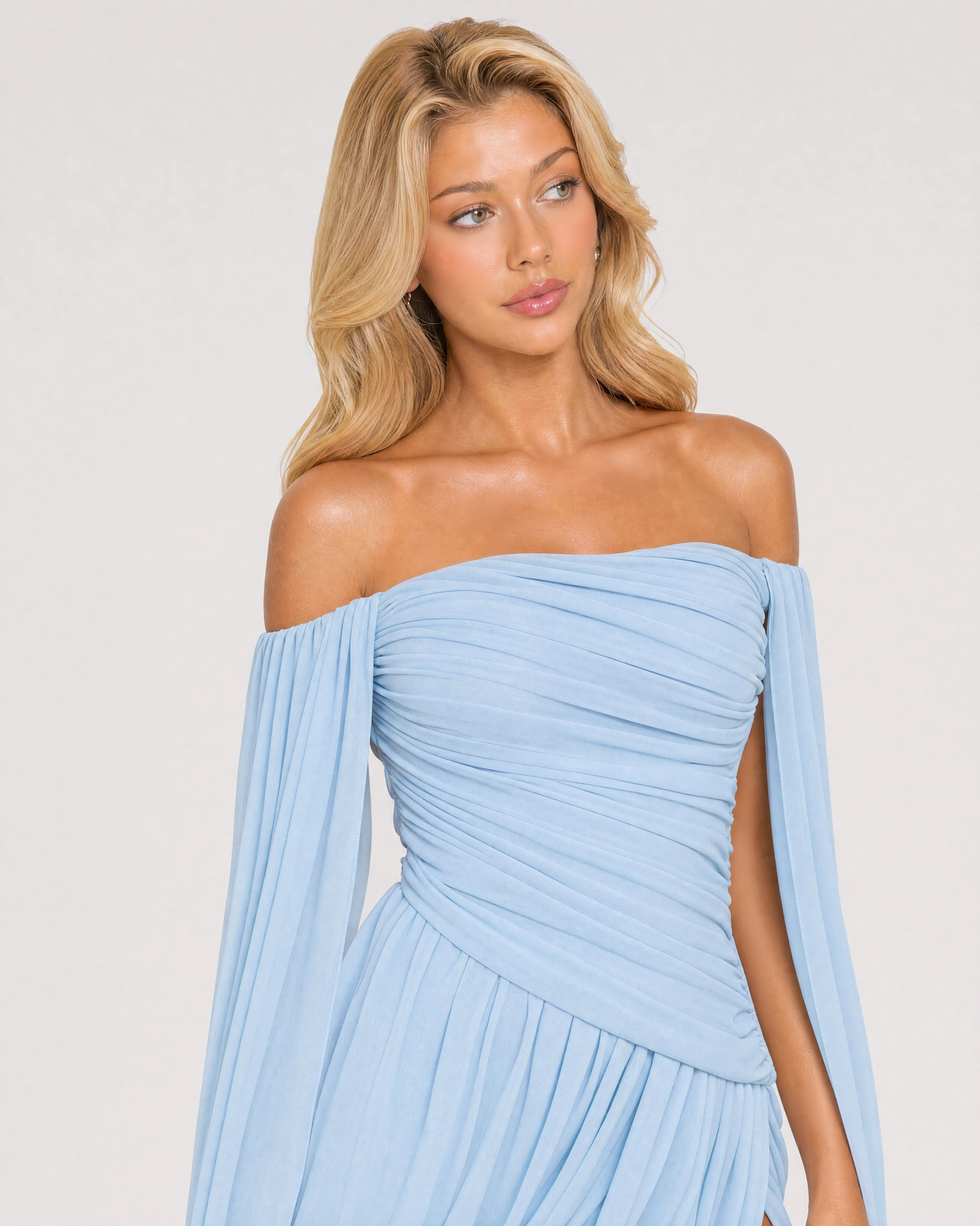 Eloise baby blue mini dress - ruched bodice close-up