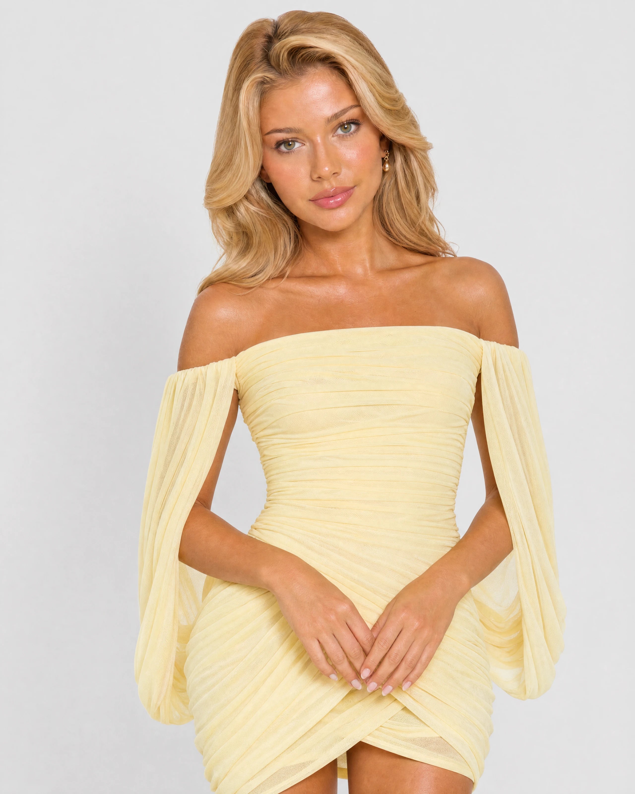 Eloise butter yellow mini dress - ruched bodice close-up