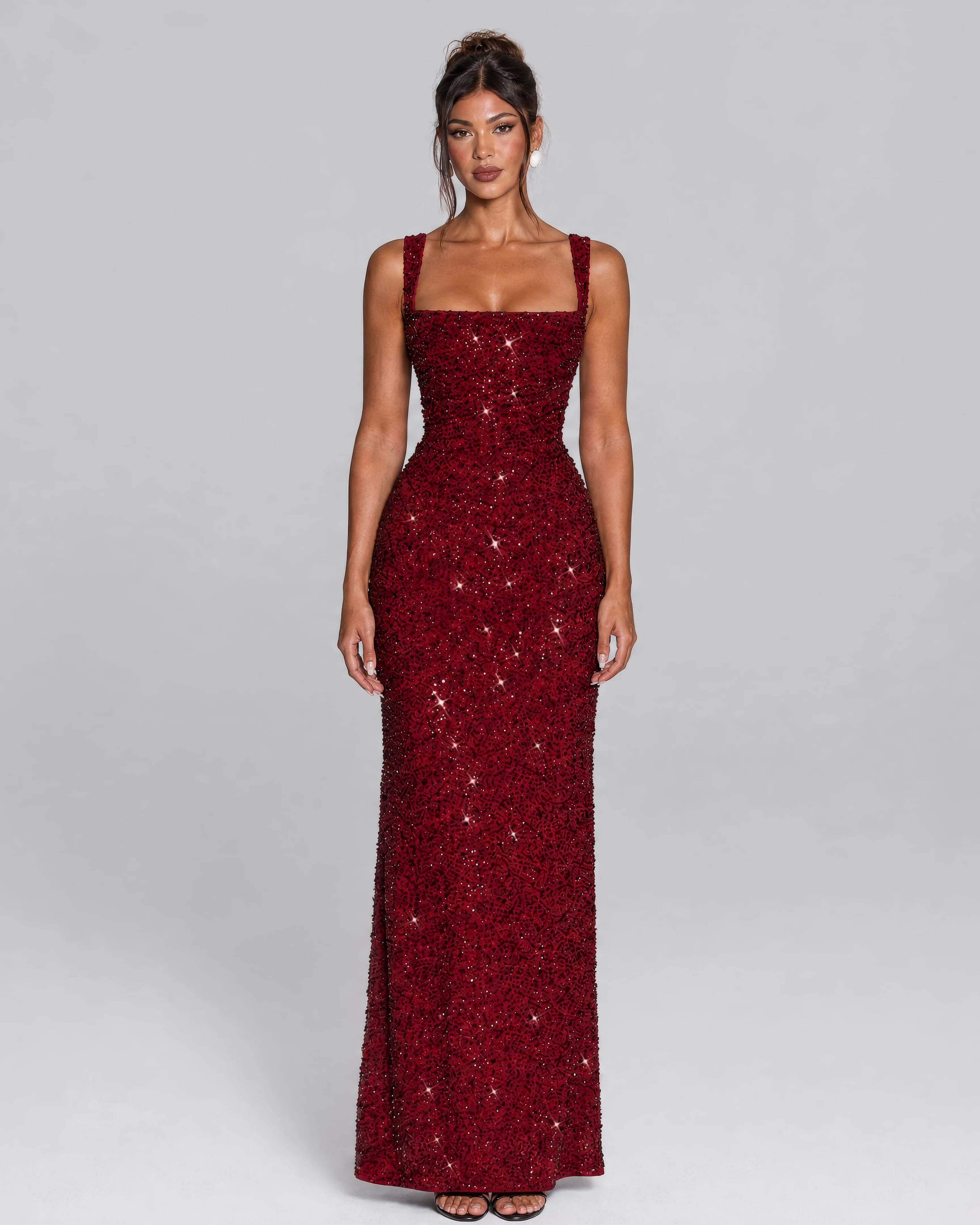 Estelle cherry red sequin corset gown
