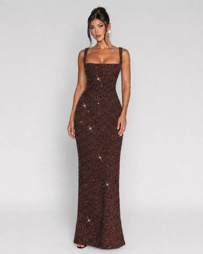 Estelle plum brown sequin corset gown