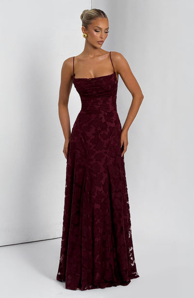 Cecily | Wine Red Cowl-Neck Floral-Appliqué Maxi Dress with Lace-Up Back