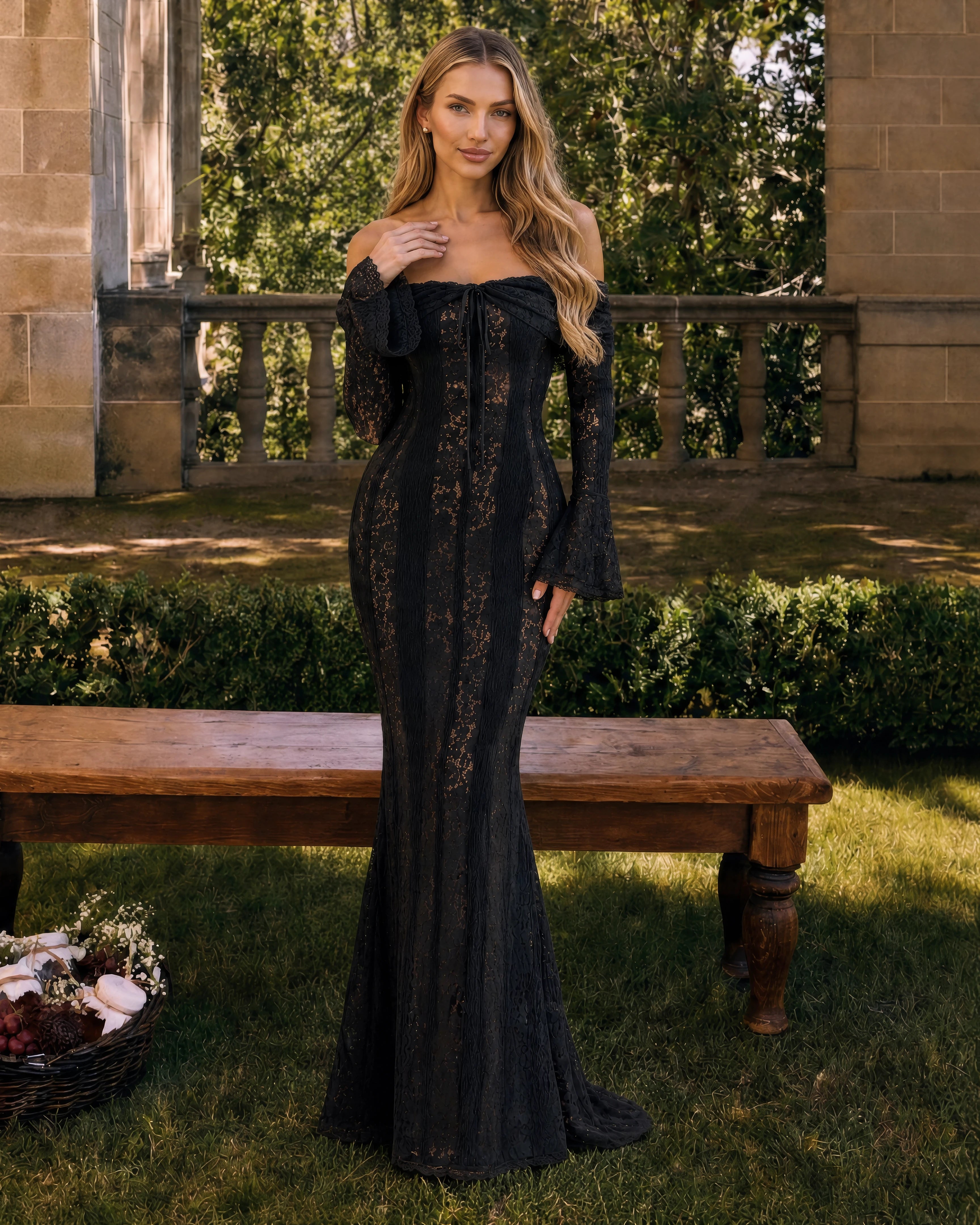 Genevieve off-shoulder lace maxi gown in black, front