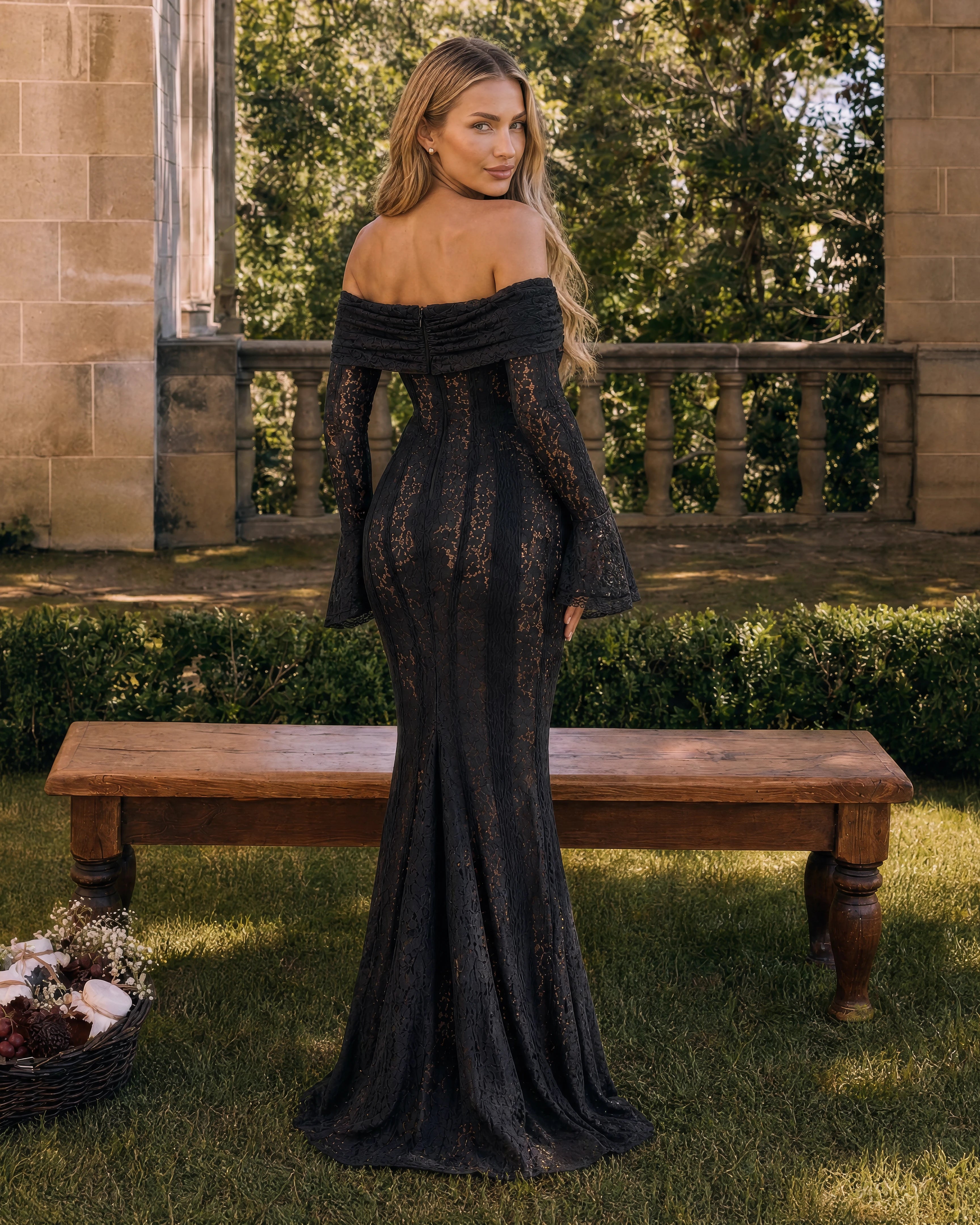 Genevieve off-shoulder lace maxi gown in black, back