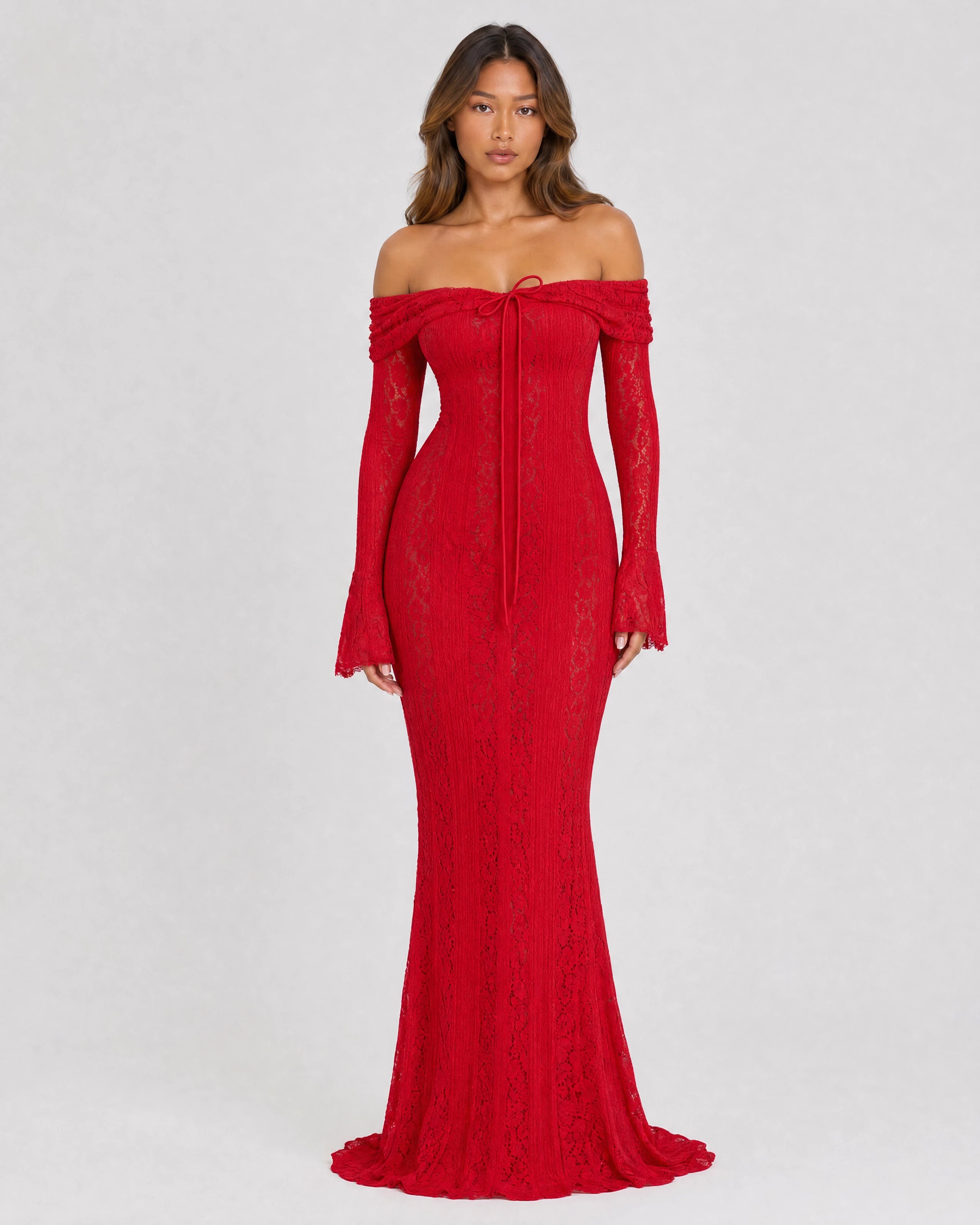 Genevieve off-shoulder lace maxi gown in red, front studio