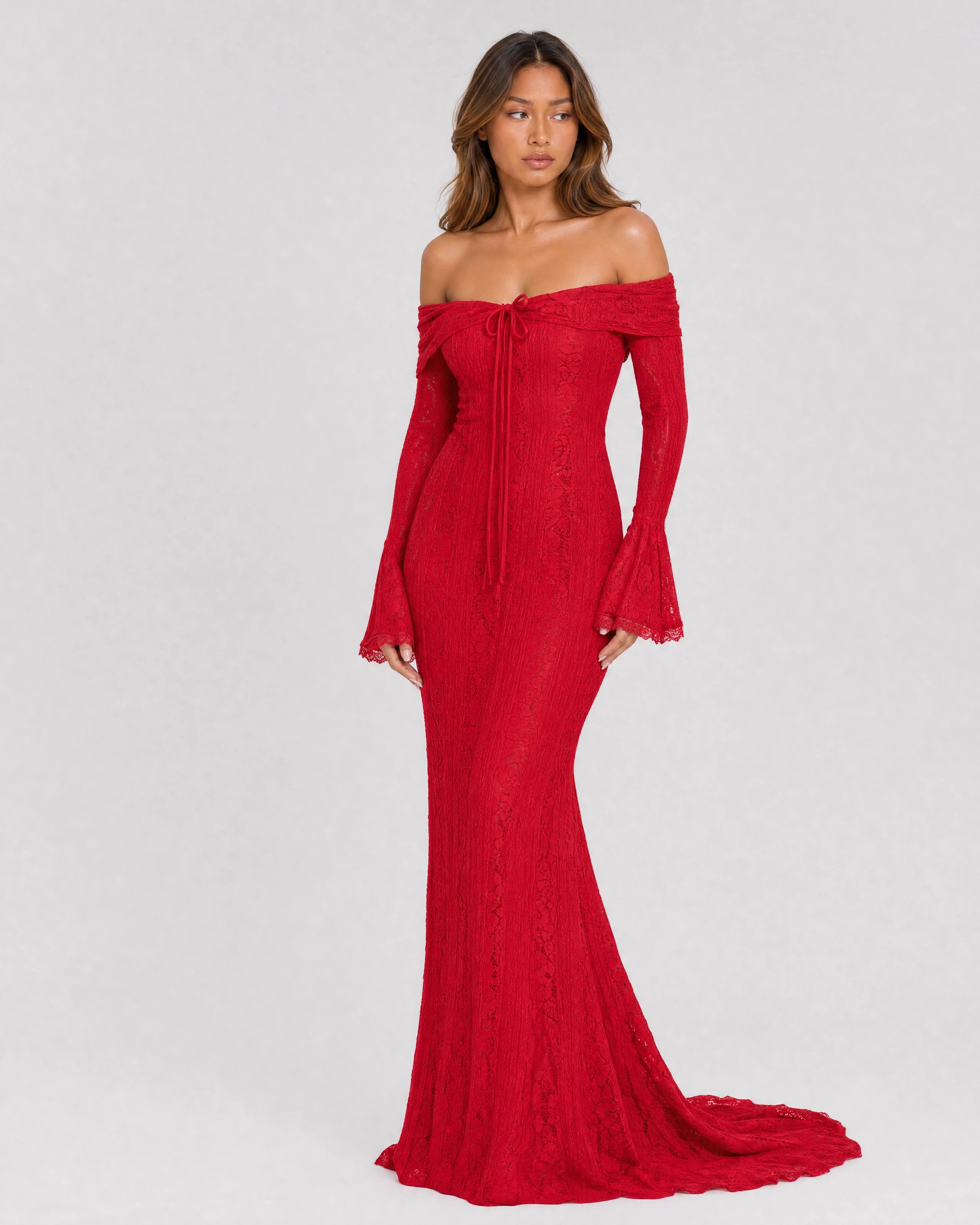 Genevieve off-shoulder lace maxi gown in red, front variant