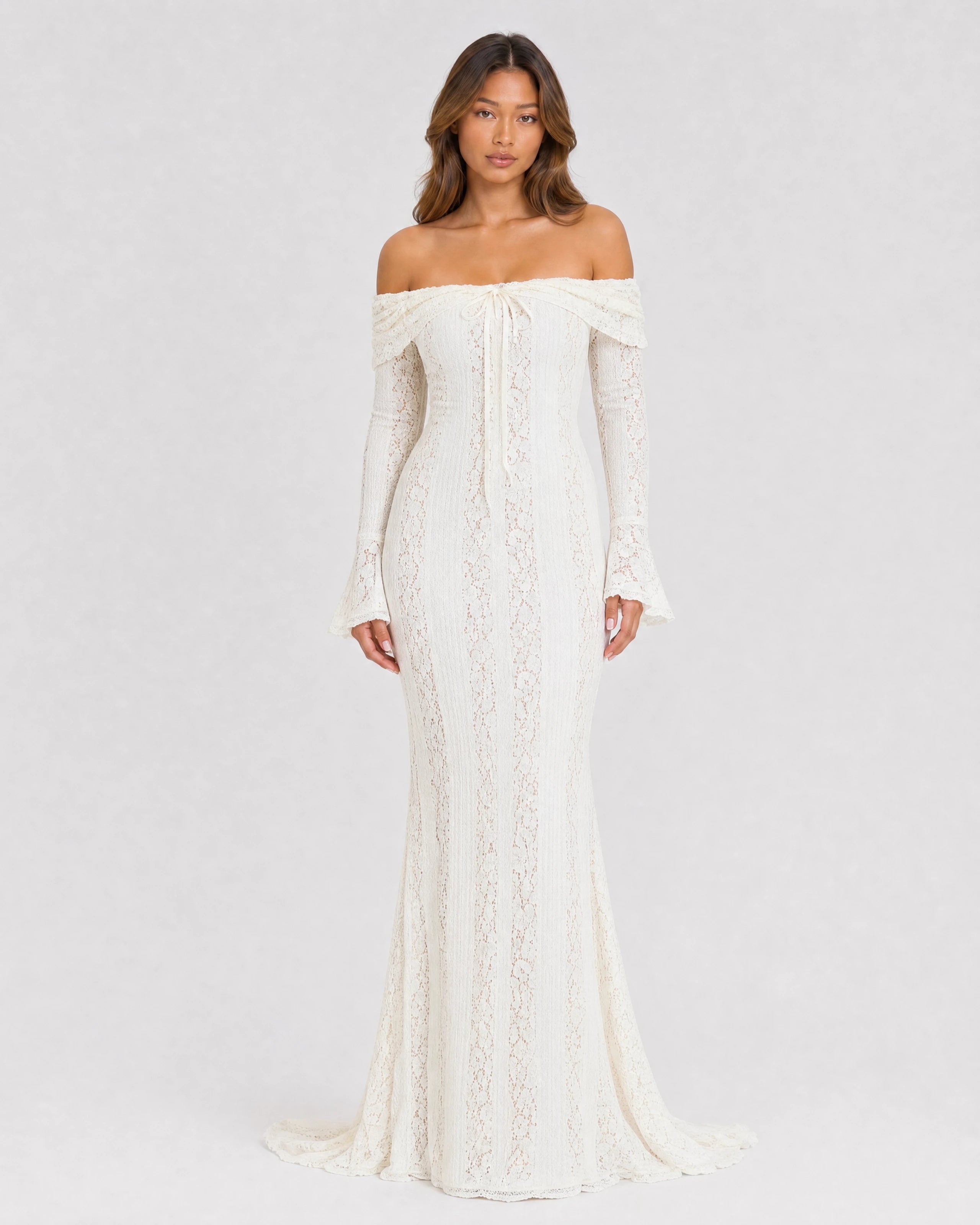 Genevieve off-shoulder lace maxi gown in ivory, front studio