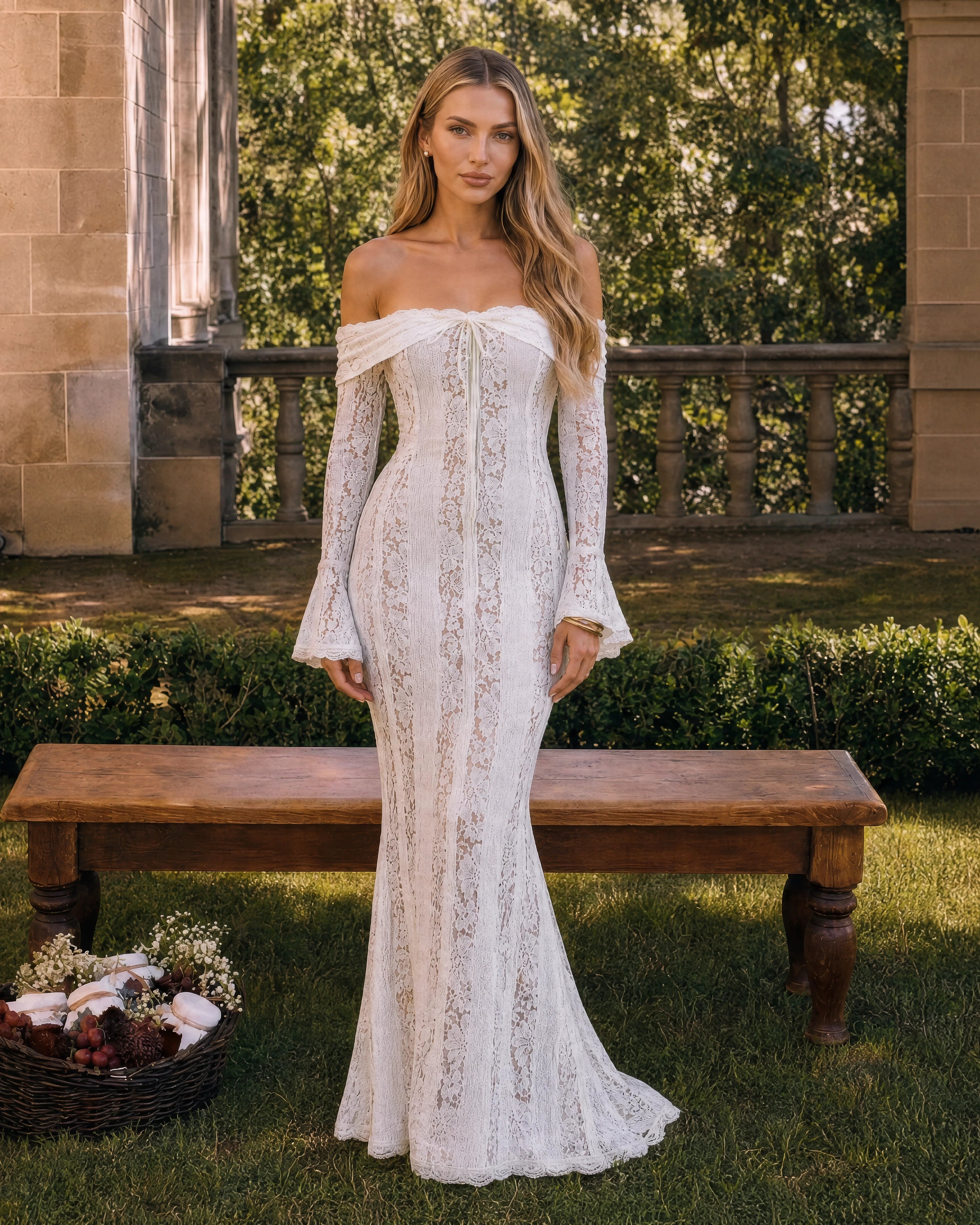 Genevieve off-shoulder lace maxi gown in ivory, front pose two