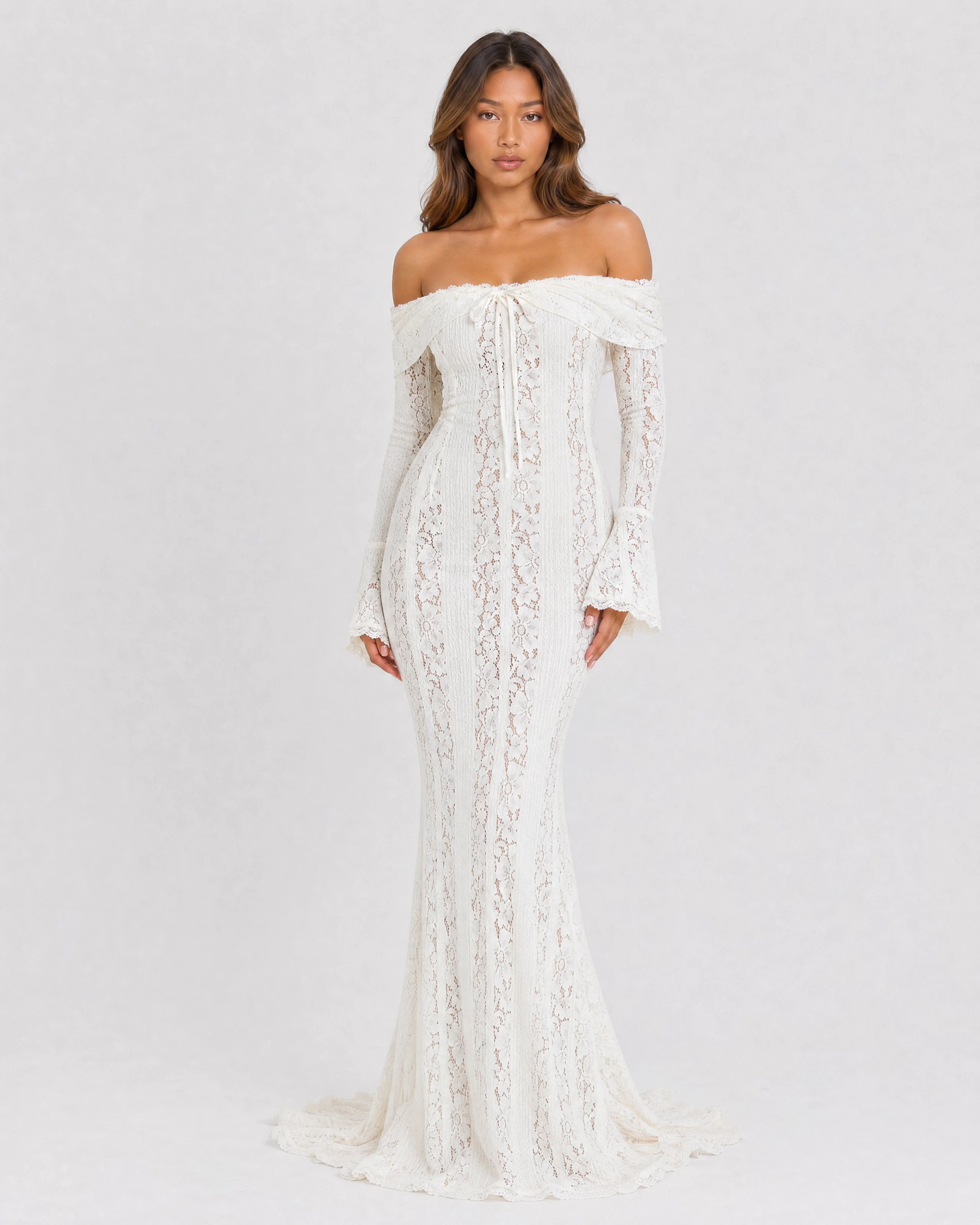 Genevieve off-shoulder lace maxi gown in ivory, front variant