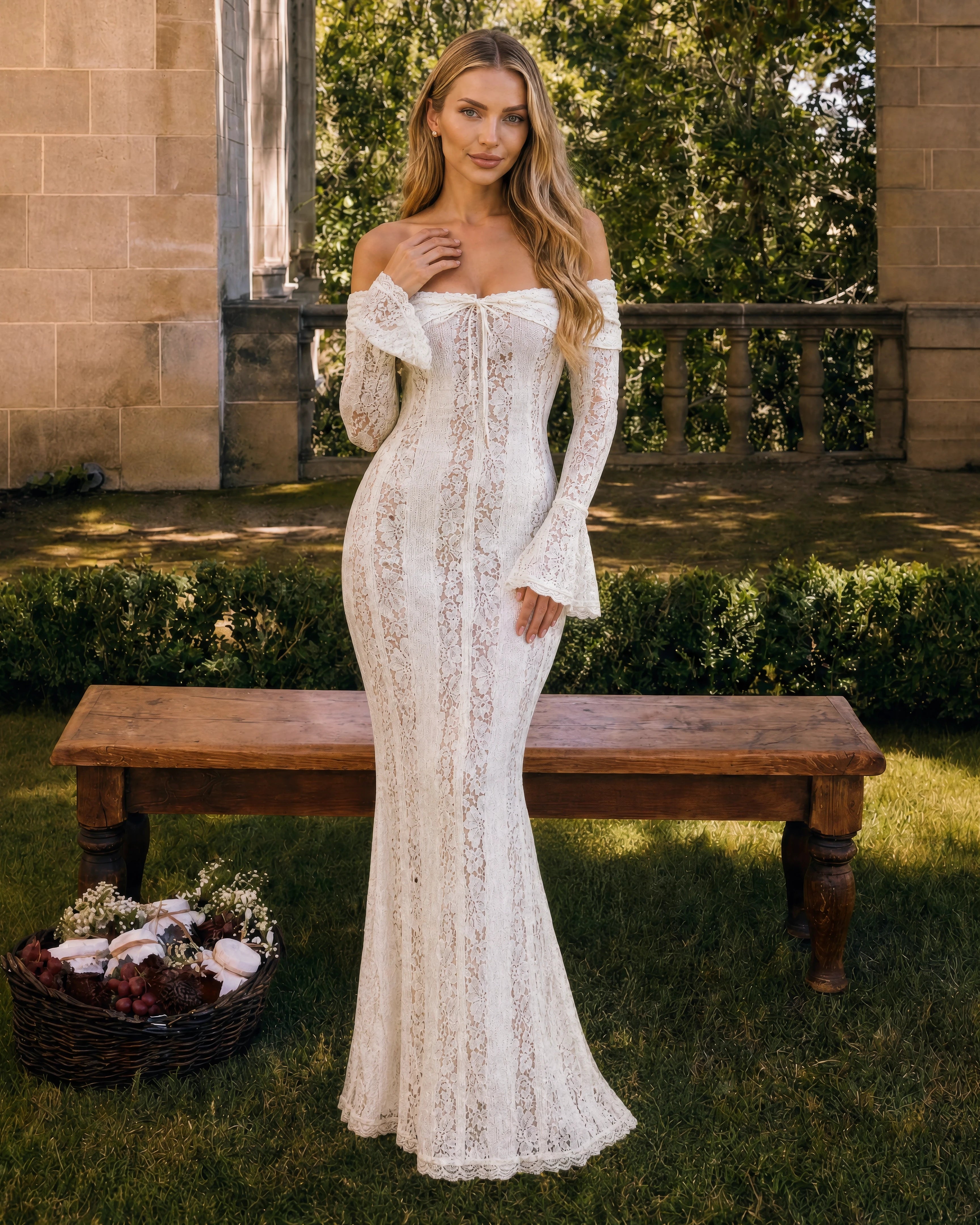 Genevieve off-shoulder lace maxi gown in ivory, front angled