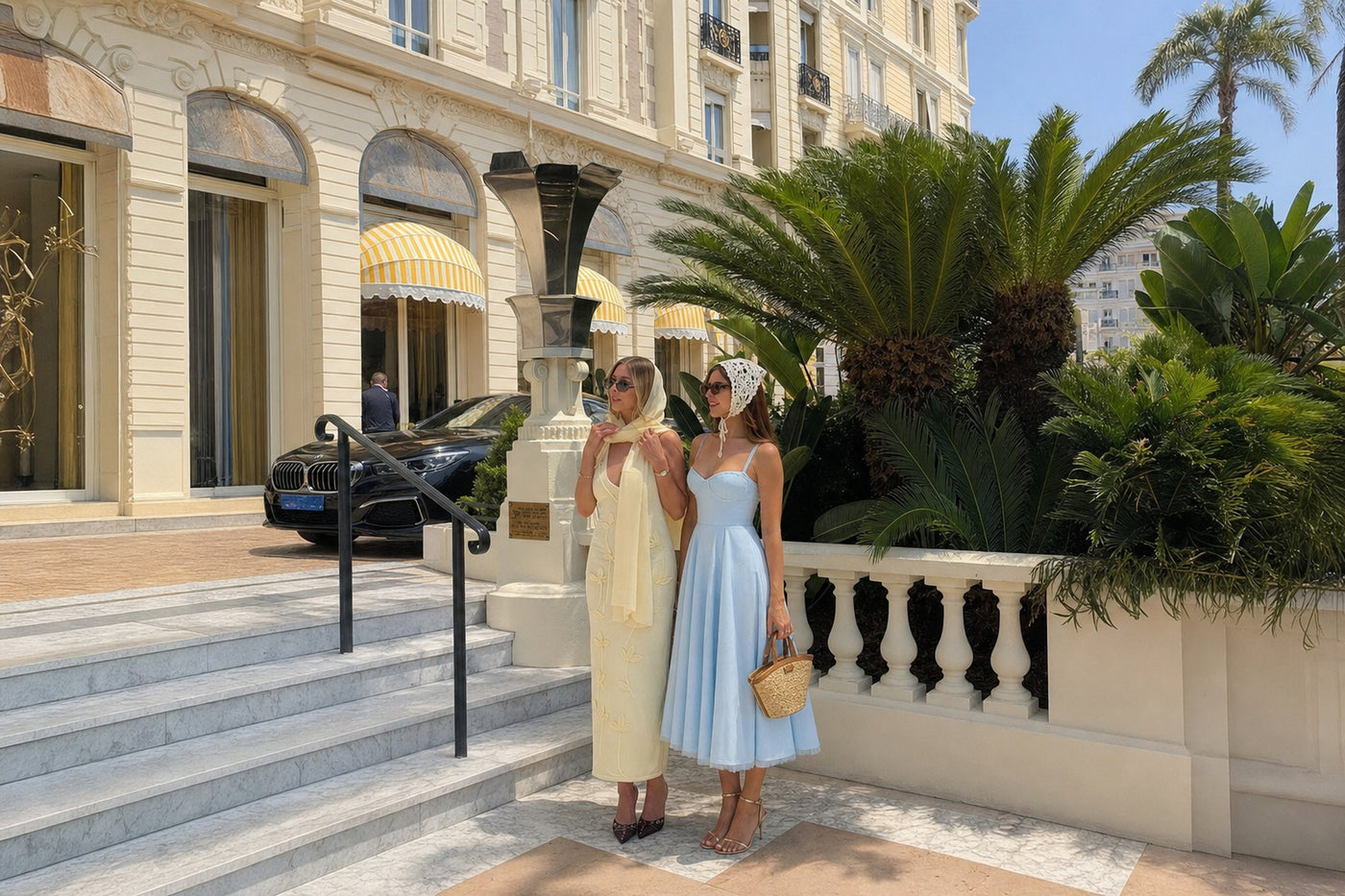 Two women on the steps of a Riviera hotel, one in the Mirabelle baby blue tulle midi dress — wide hero