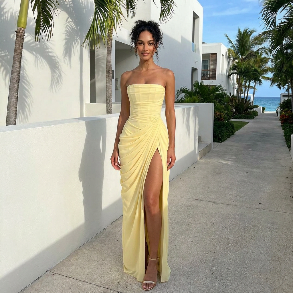 Séraphine | Butter Yellow Pleated Corset Maxi Dress with Lace-Up Back