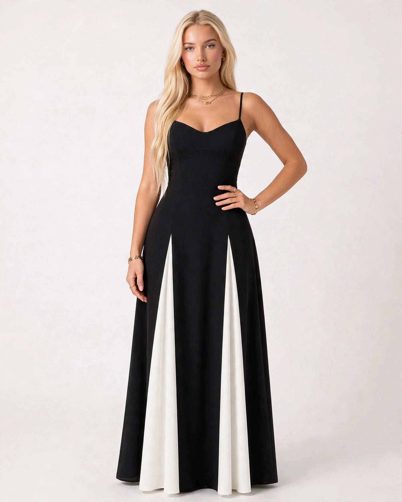 Isadora black and white sweetheart panelled A-line maxi dress - front view
