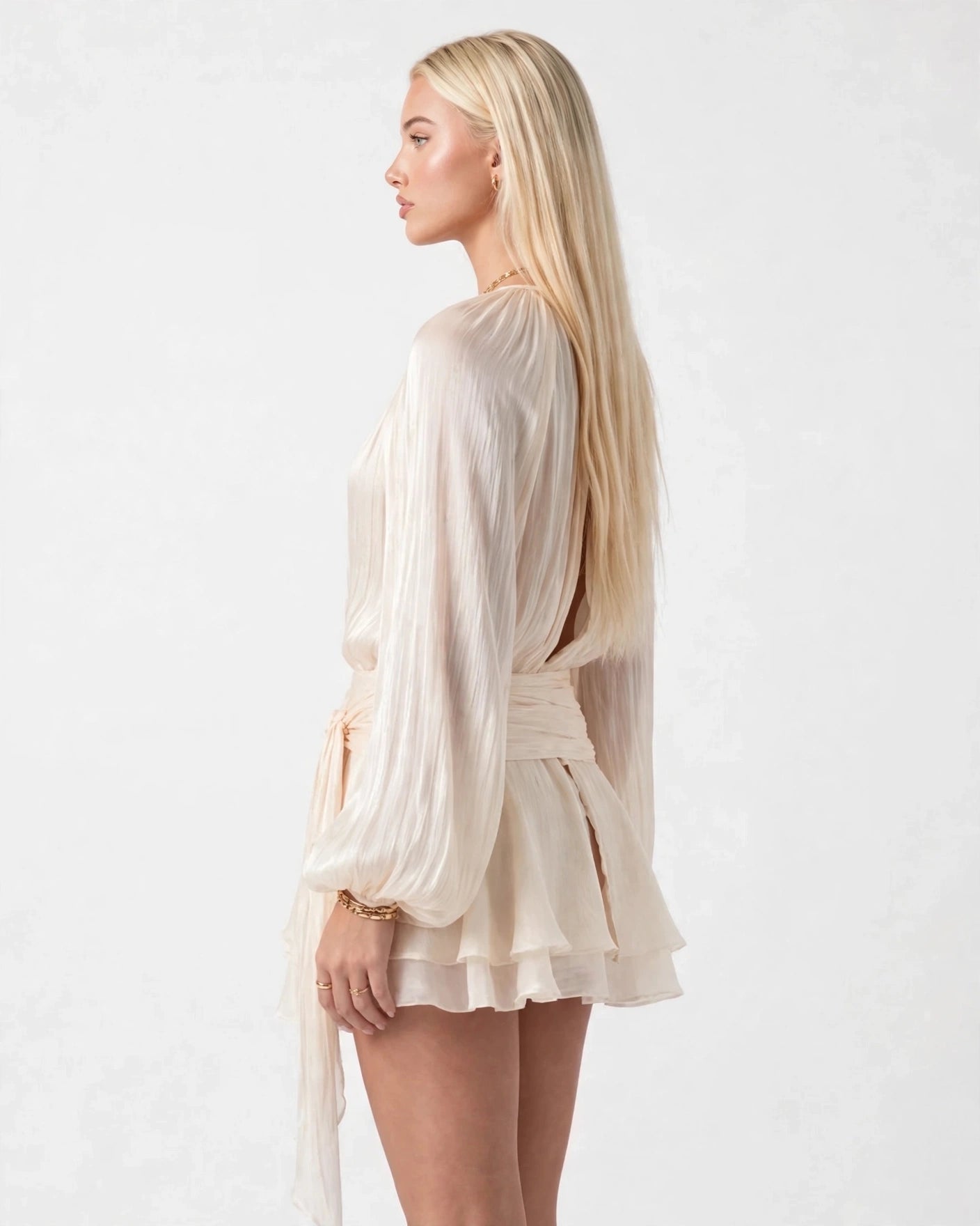 Juliette champagne pleated ruffle mini dress - side view