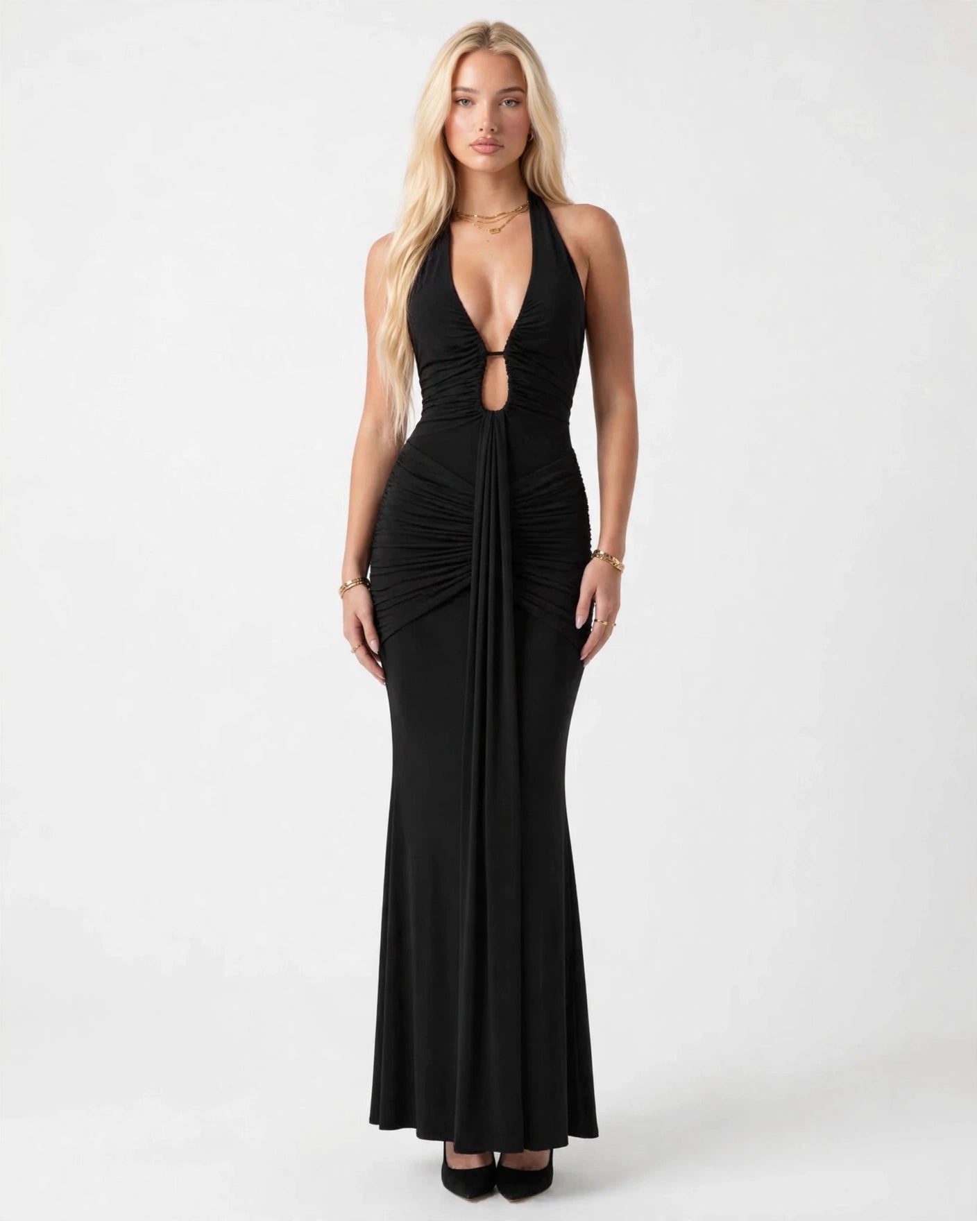 Liliane black plunge halter maxi dress with draped front panel - front view