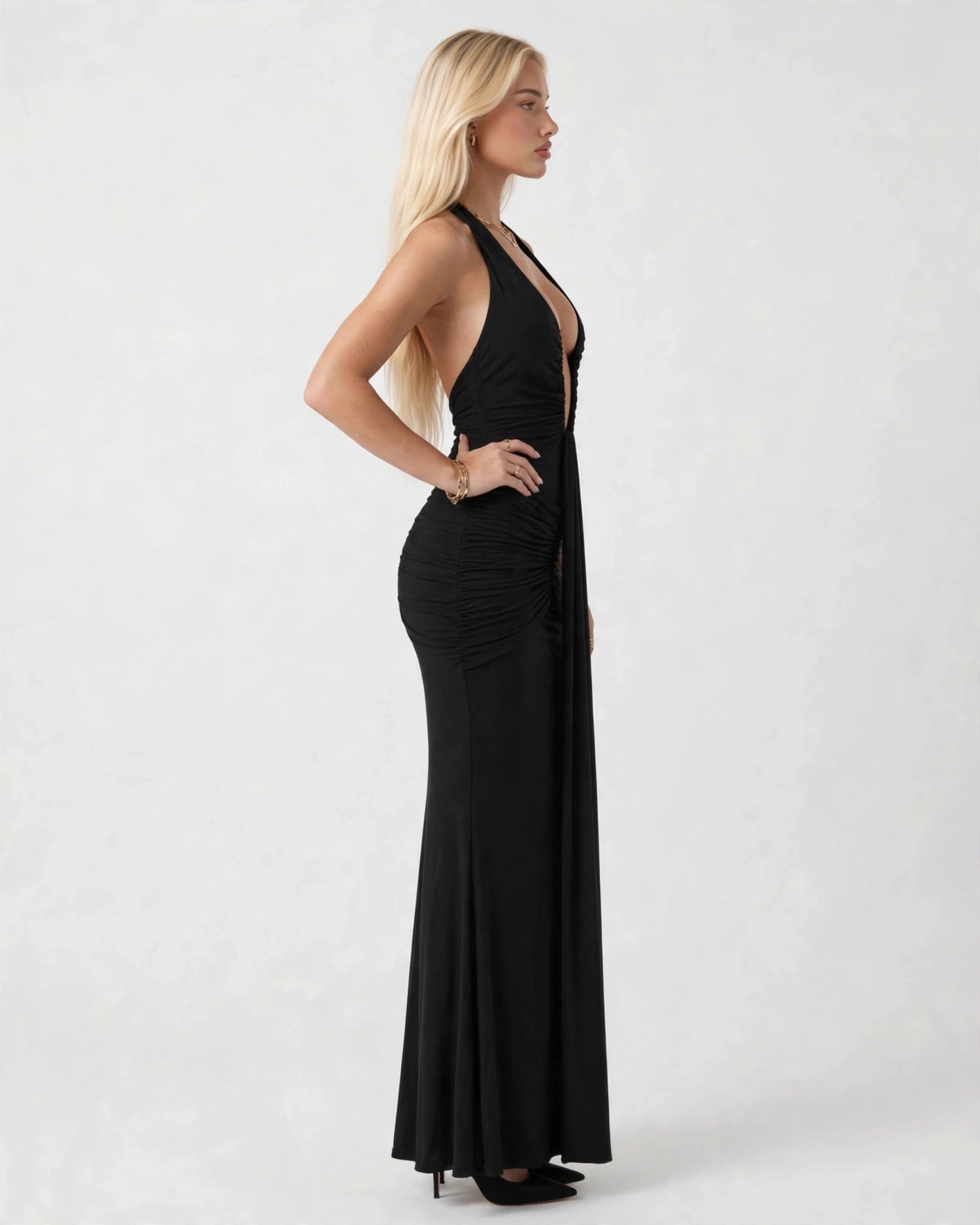 Liliane black plunge halter maxi dress - side view