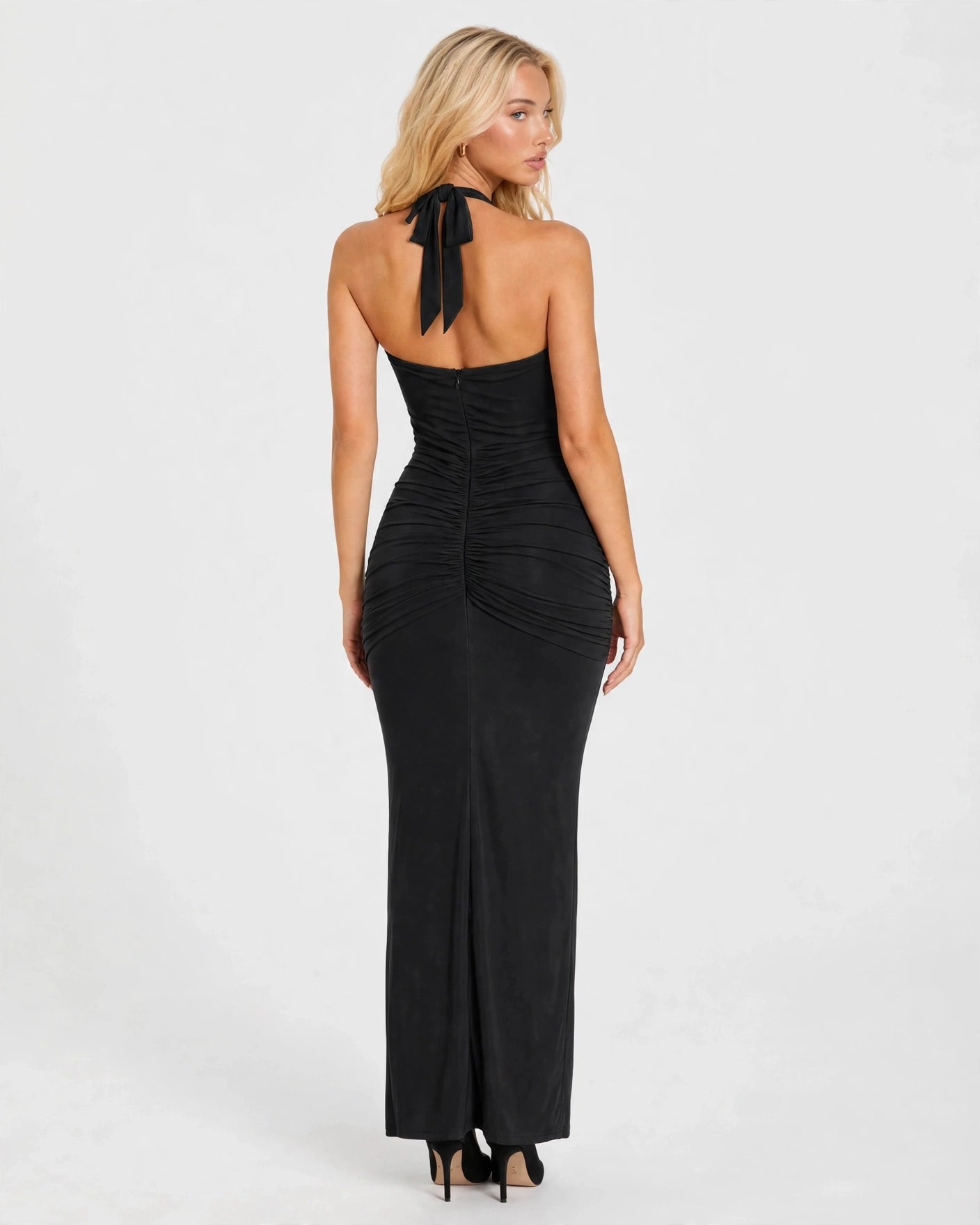 Liliane black plunge halter maxi dress - back three-quarter view