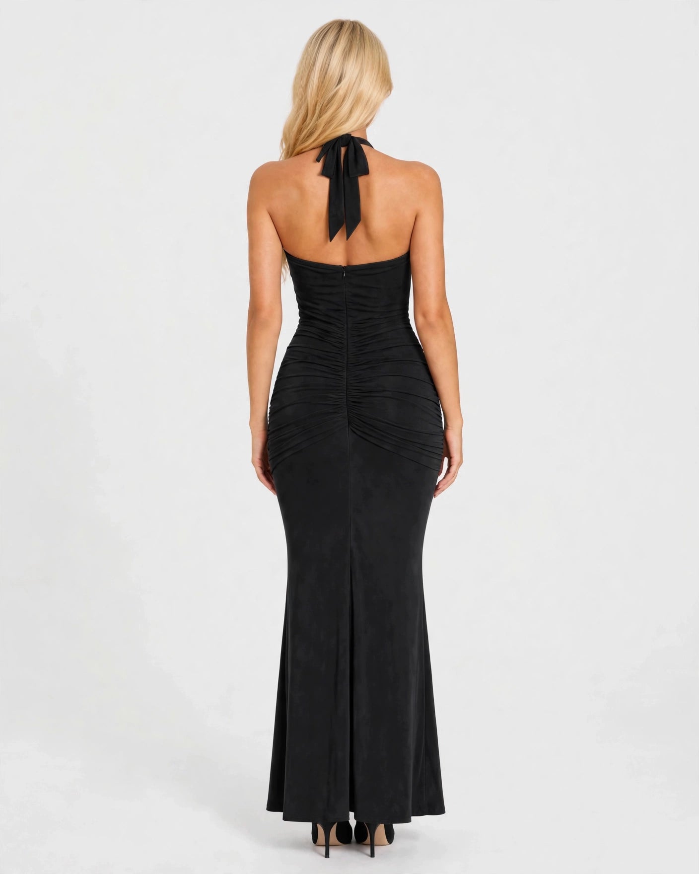 Liliane black plunge halter maxi dress - open back view