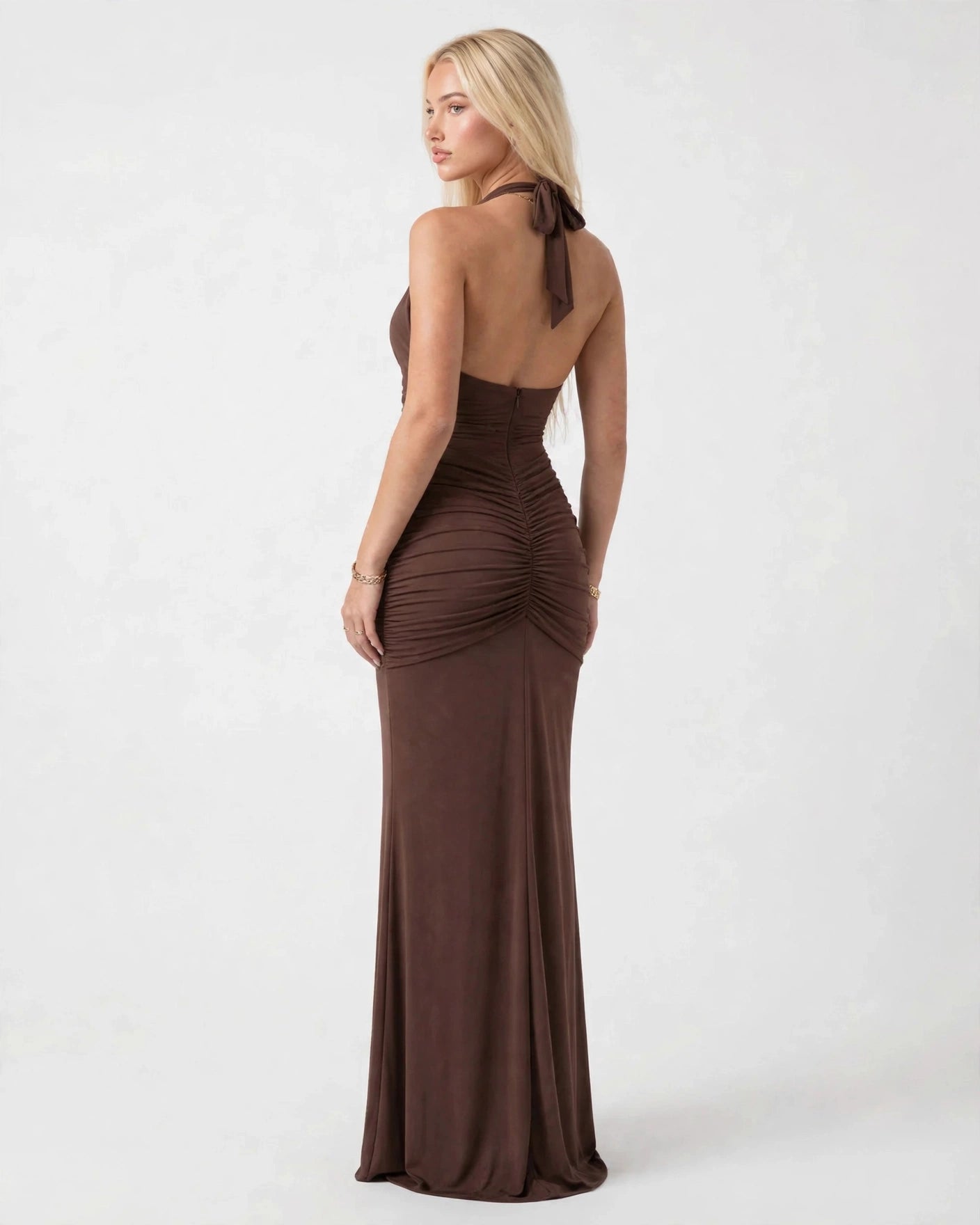 Liliane chocolate brown plunge halter maxi dress - back view over the shoulder