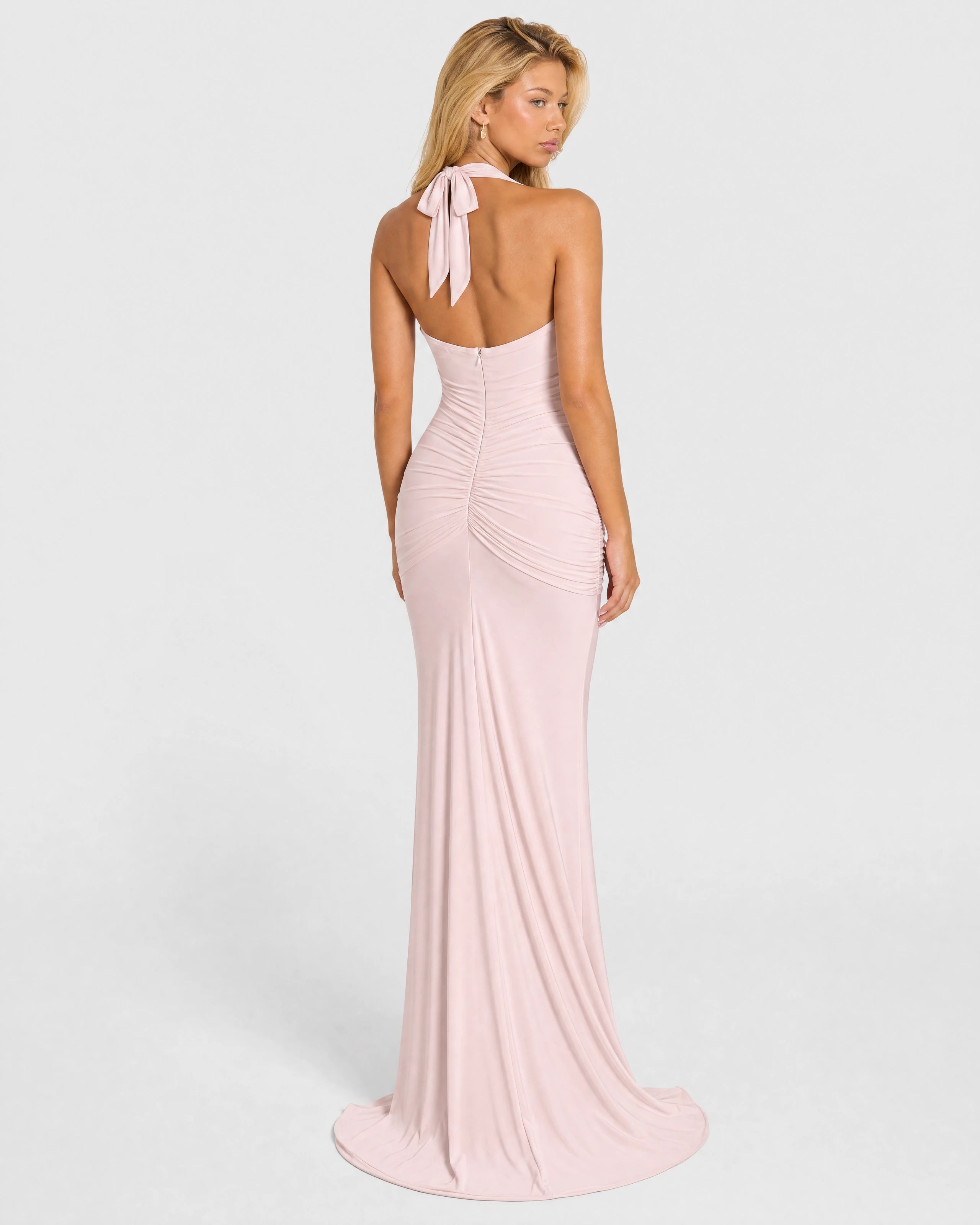 Liliane blush pink plunge halter maxi dress - back with halter bow