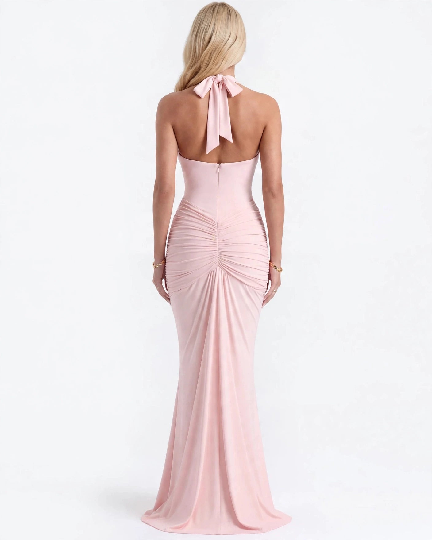Liliane blush pink plunge halter maxi dress - open back with tie detail