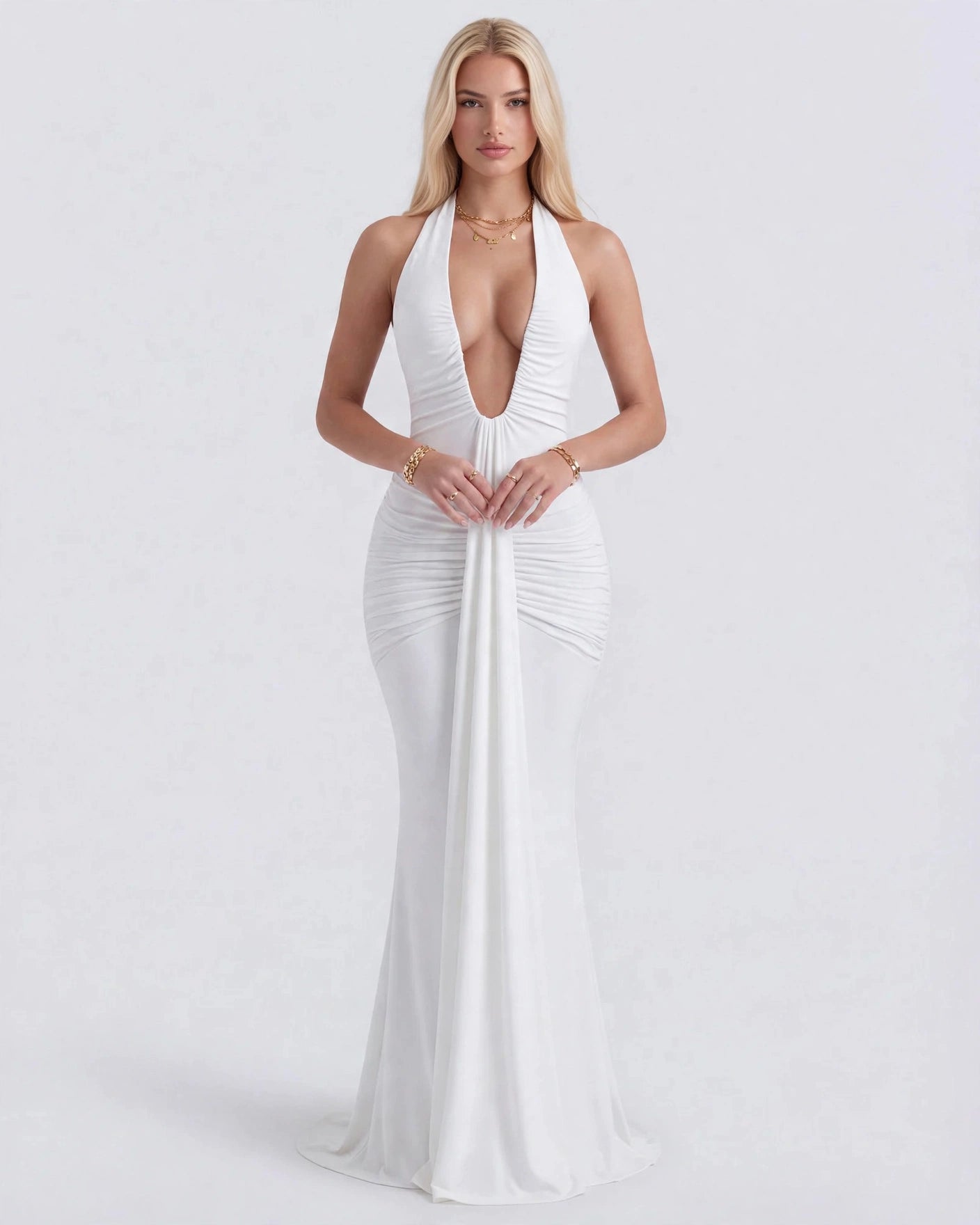 Liliane white plunge halter maxi dress with draped front panel - front view