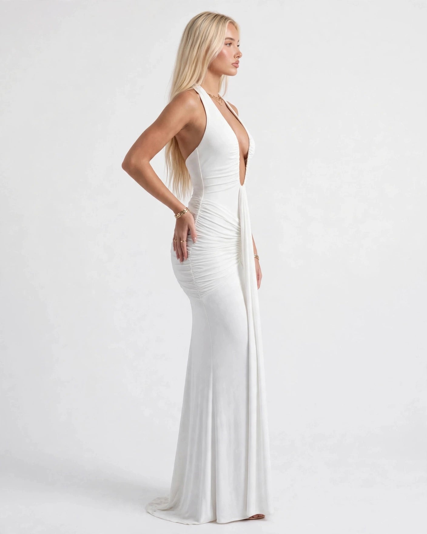 Liliane white plunge halter maxi dress - side view