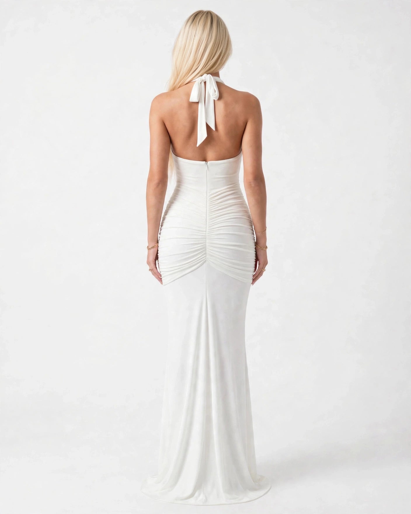 Liliane white plunge halter maxi dress - open back with tie detail