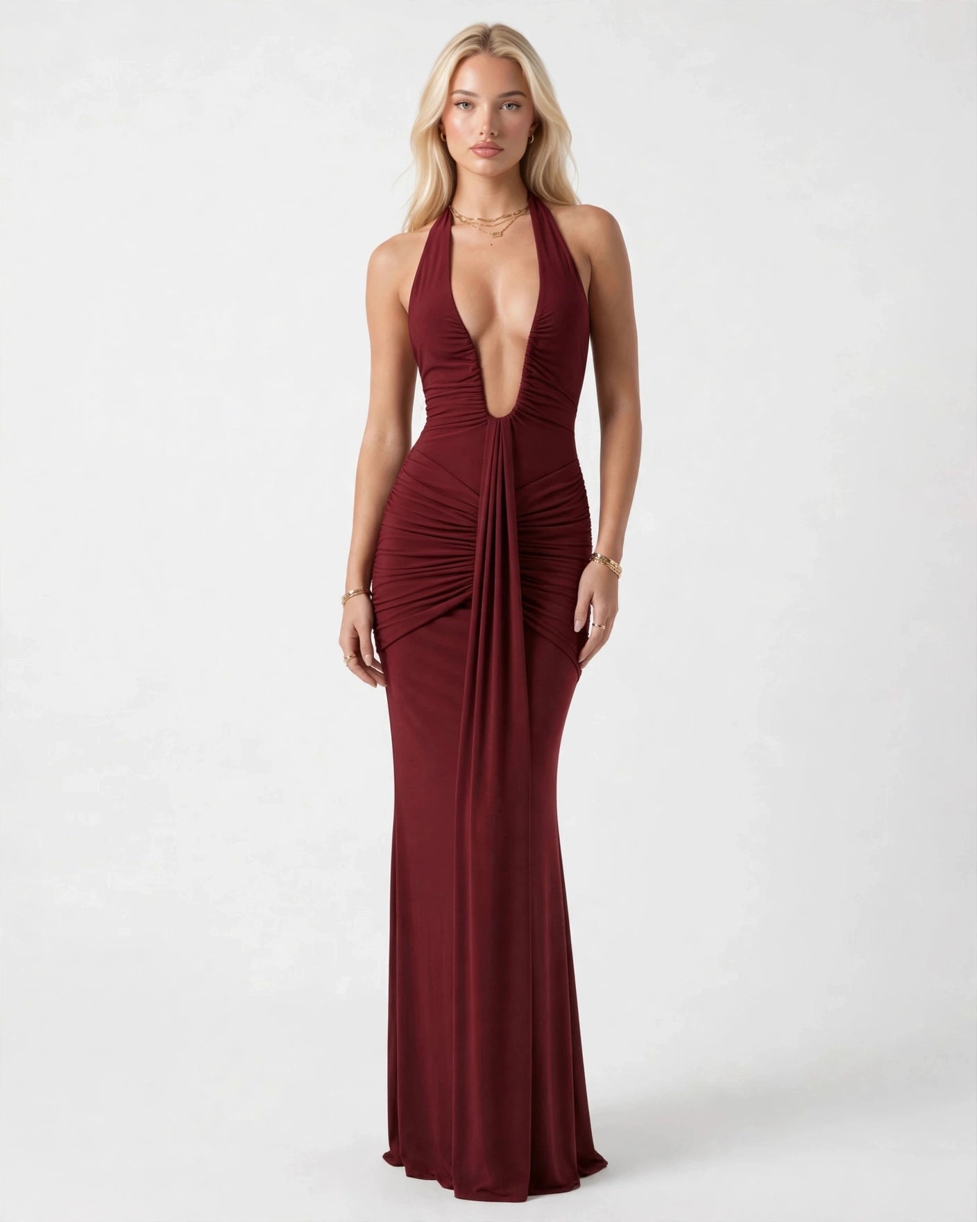 Liliane wine red plunge halter maxi dress - full length front view