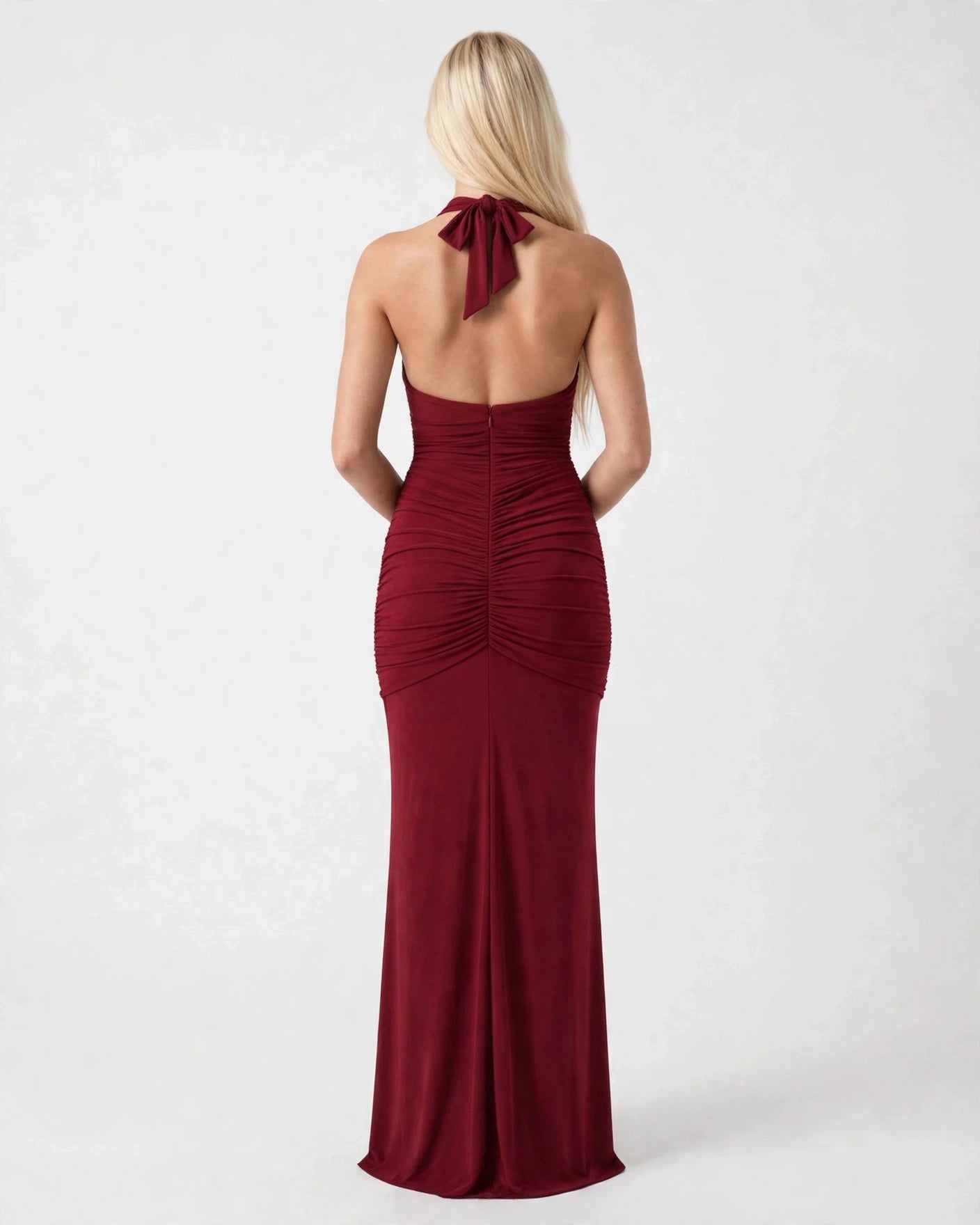 Liliane wine red plunge halter maxi dress - open back with tie detail