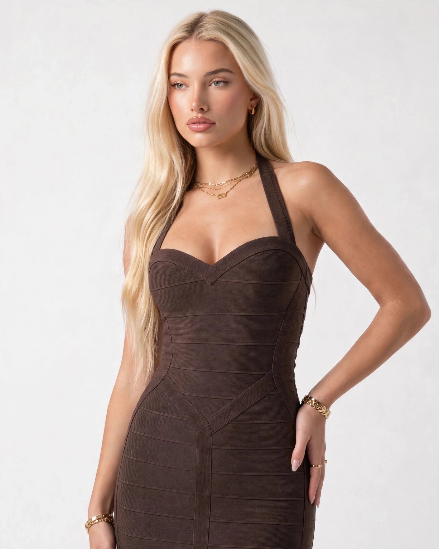 Margaux chocolate brown bandage dress bodice detail