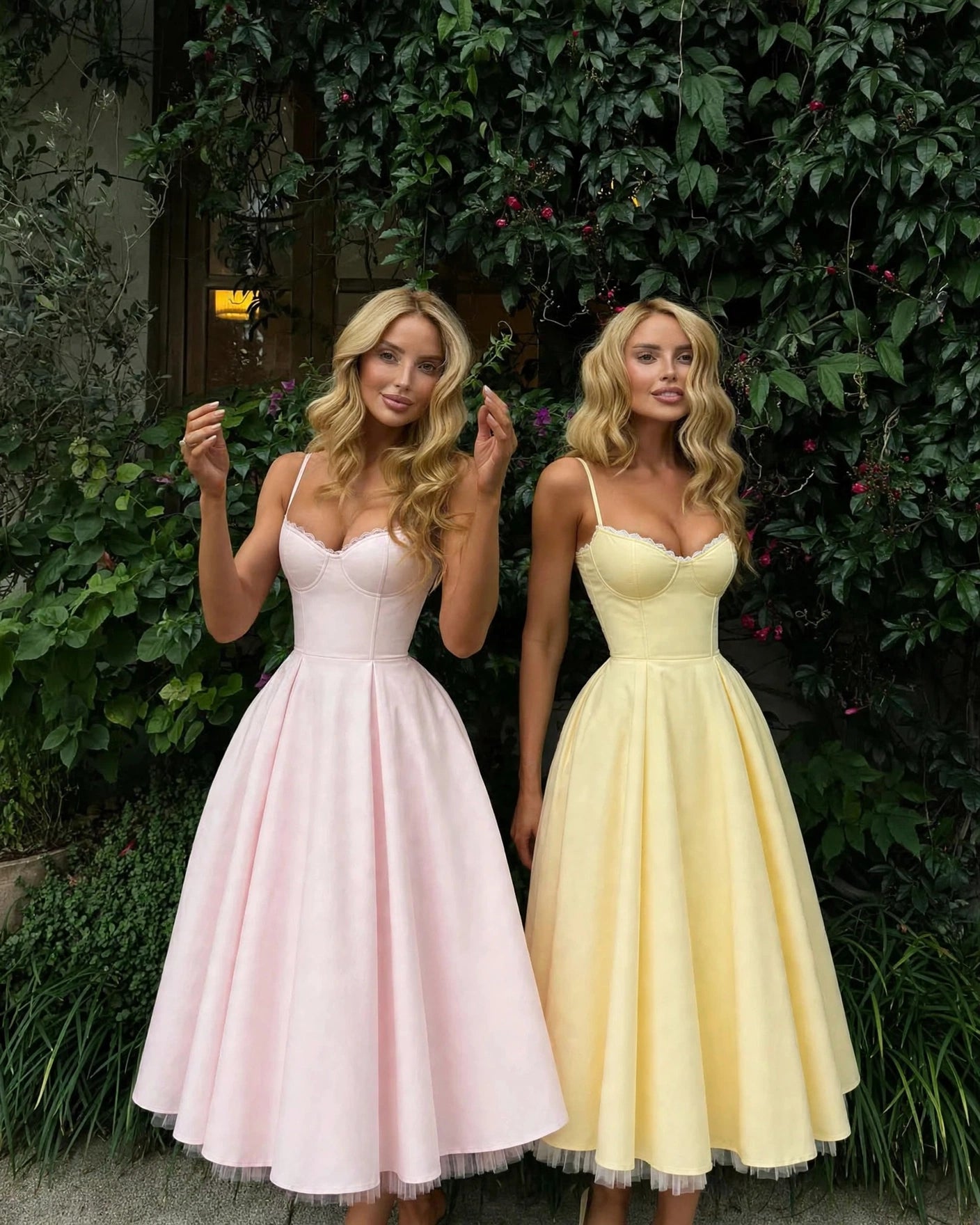 Mirabelle blush sweetheart tulle midi dress shown with the butter yellow colourway - garden setting