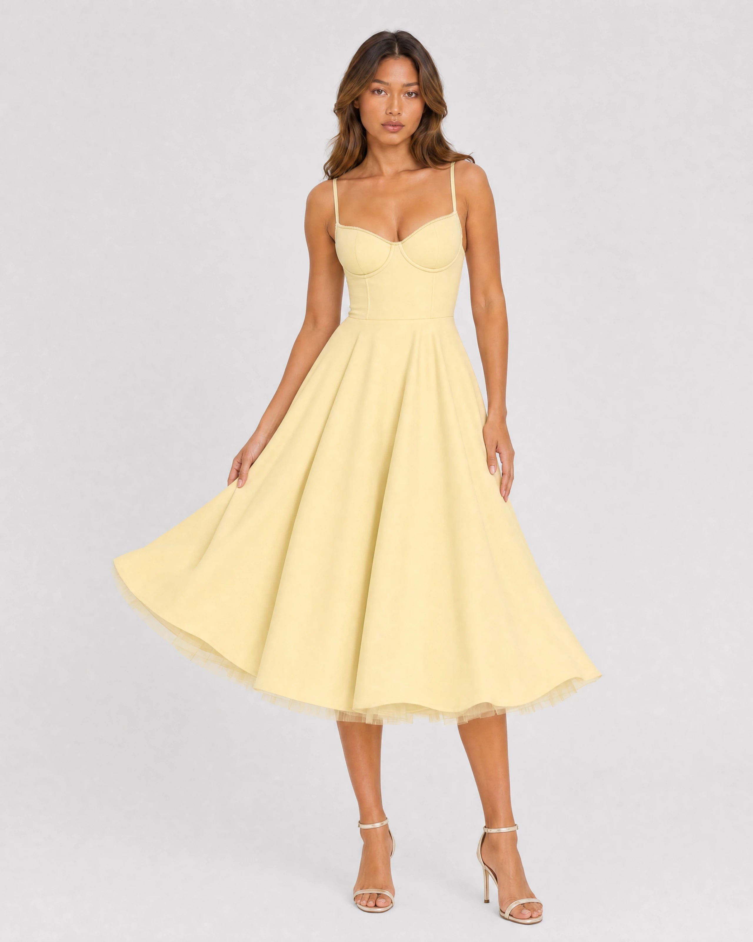 Mirabelle sweetheart tulle midi dress in butter yellow, skirt in motion