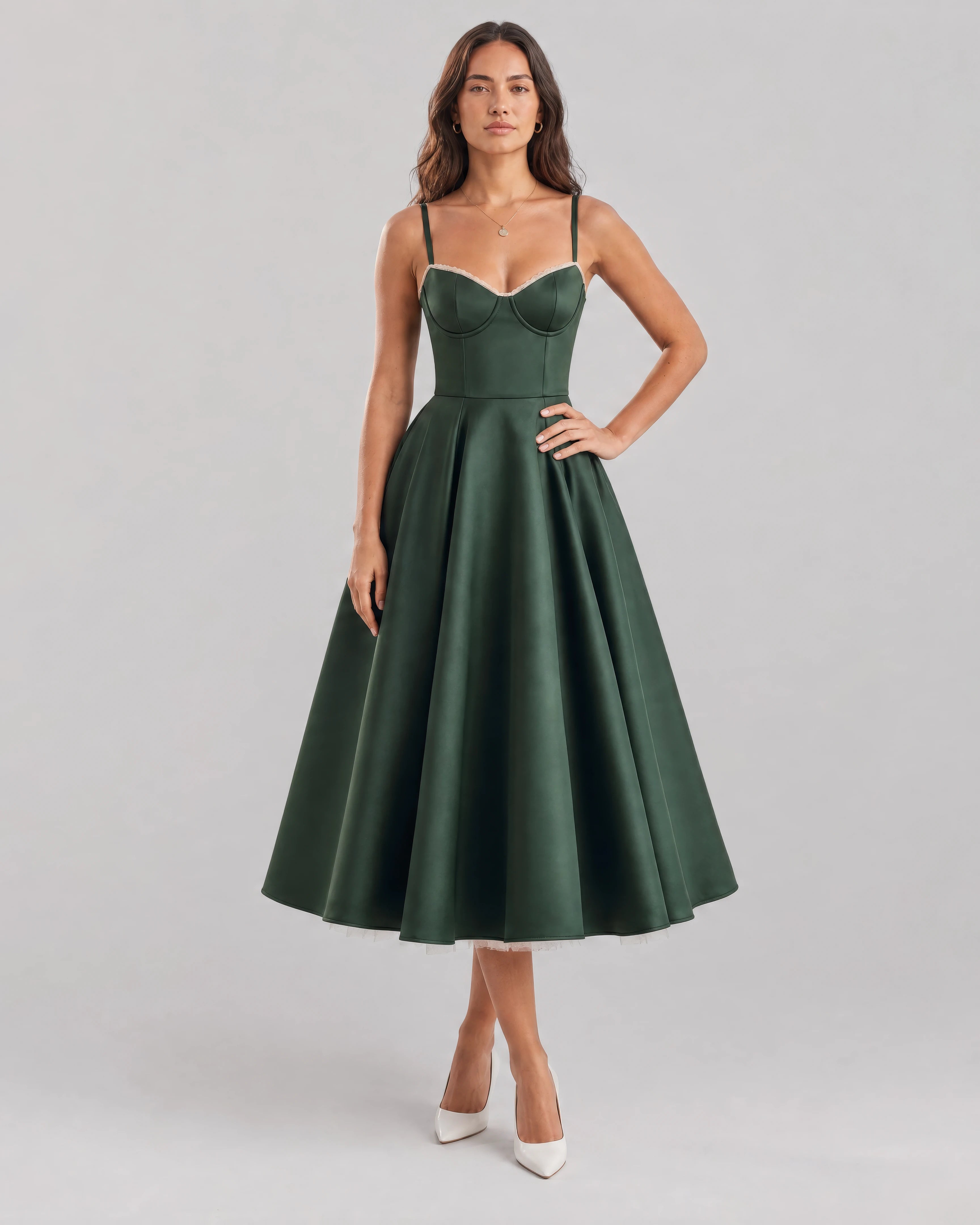 Mirabelle sweetheart tulle midi dress in forest green, studio